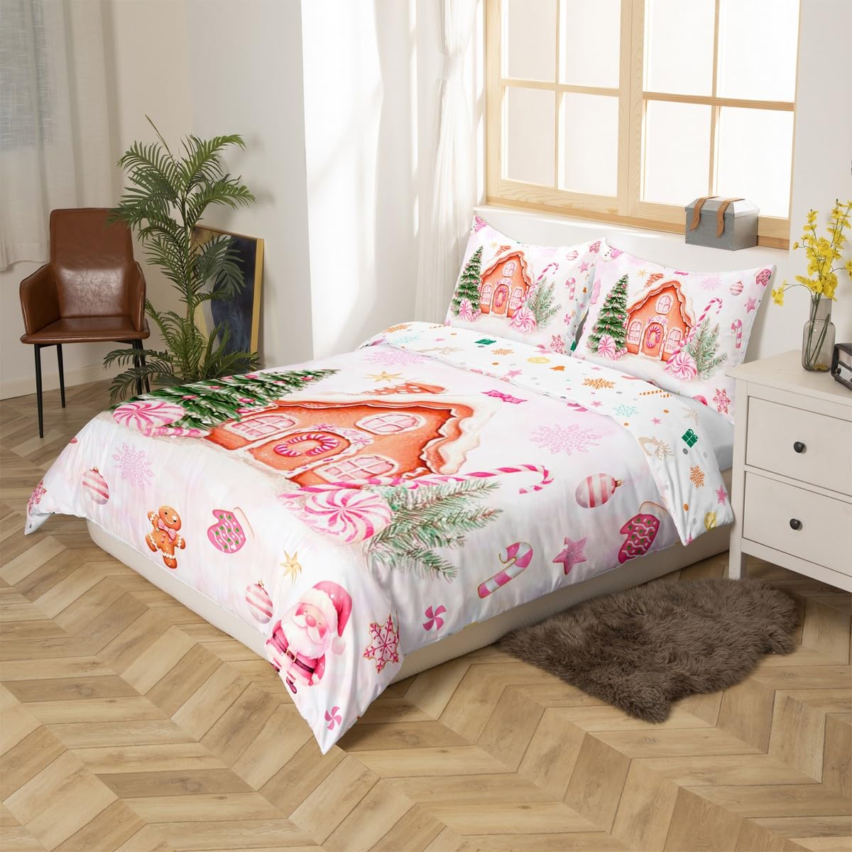 Pink Christmas Duvet Cover Set Queen,Cartoon Gingerbread House Comforter Cover 3pcs for Girls Teens,Santa Snowman Quilt Cover (NO Comforter),2 Pillowcases,Dreamy Pink Tie Dyed Bedding Quilt Cover