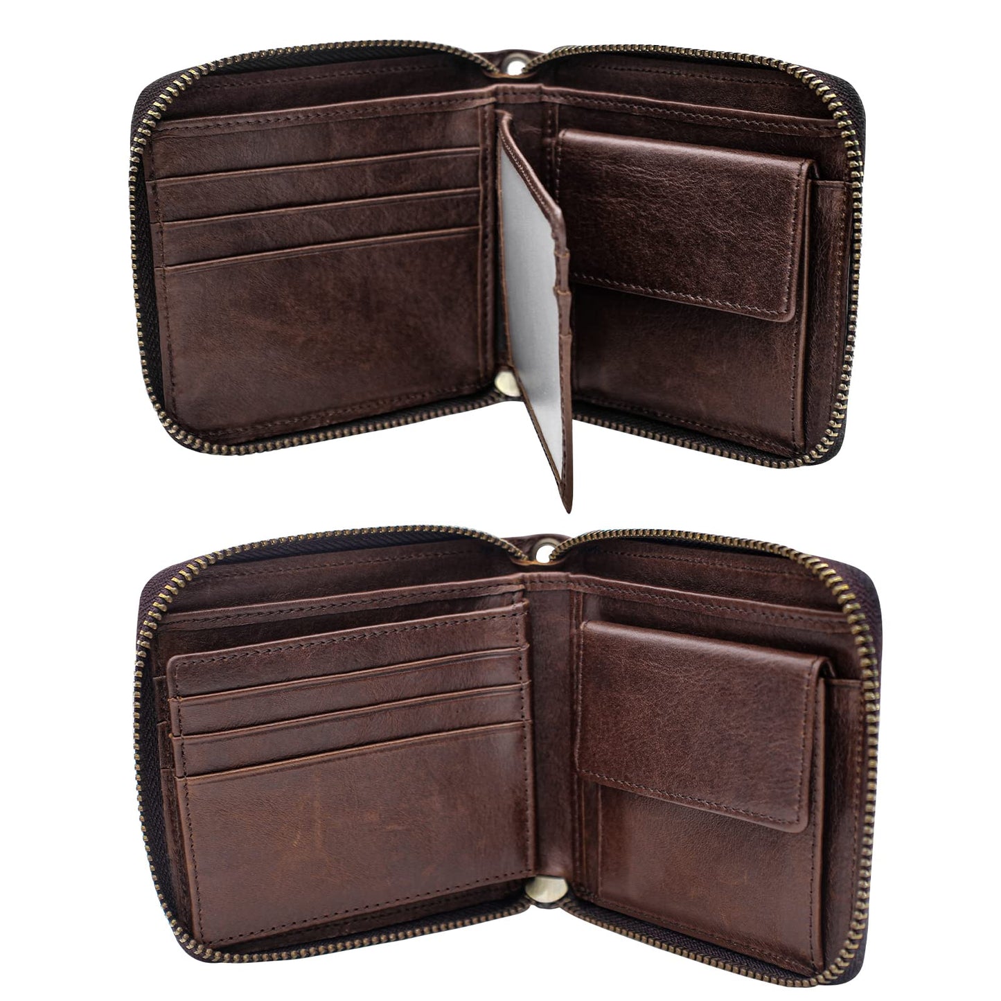 boshiho Real Leather RFID Blocking Bifold Wallets for Men Double Zipper Coin Pocket Purse with Anti-Theft Chain (Coffee 02)