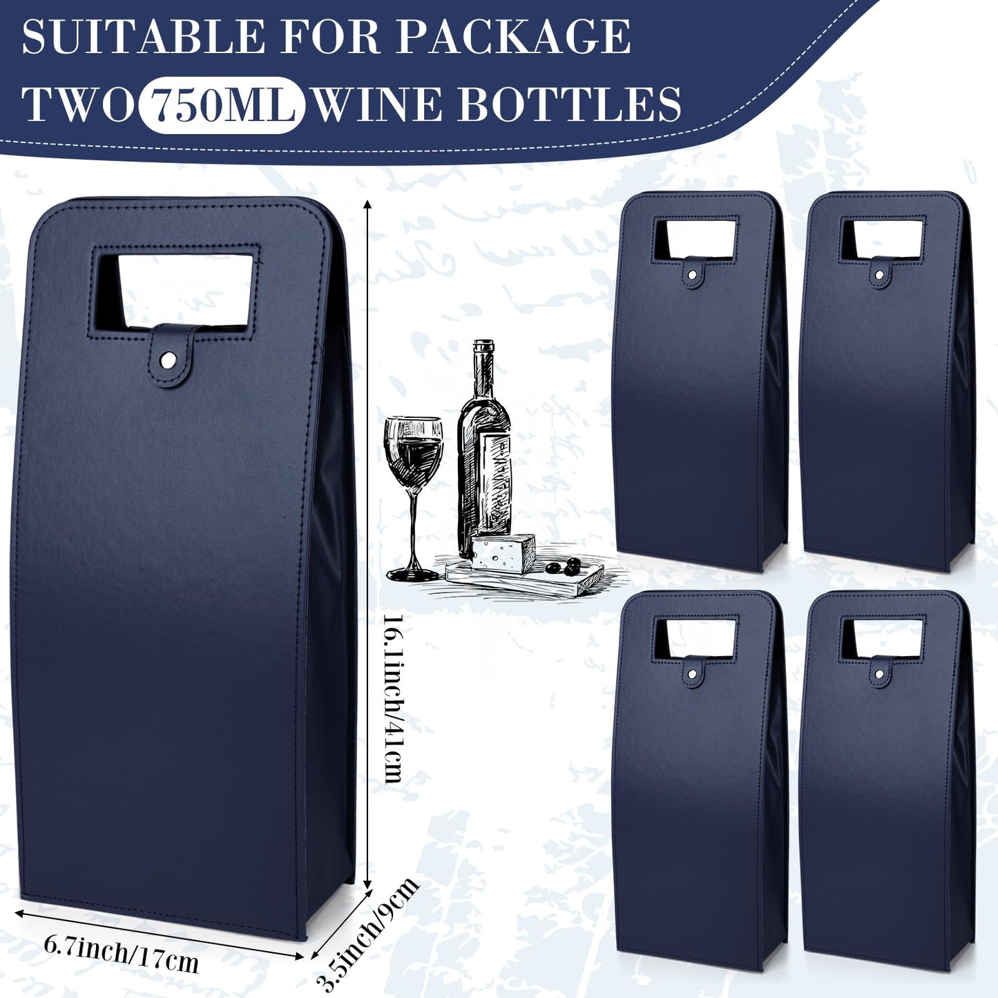 FillTouch 10 Pcs Double Wine Tote Bag Leather Wine Carrier Double Bottle Champagne Beer Bottle Gift Bags Purse Case Holder for Tasting Party Wedding Birthday Christmas (Navy)