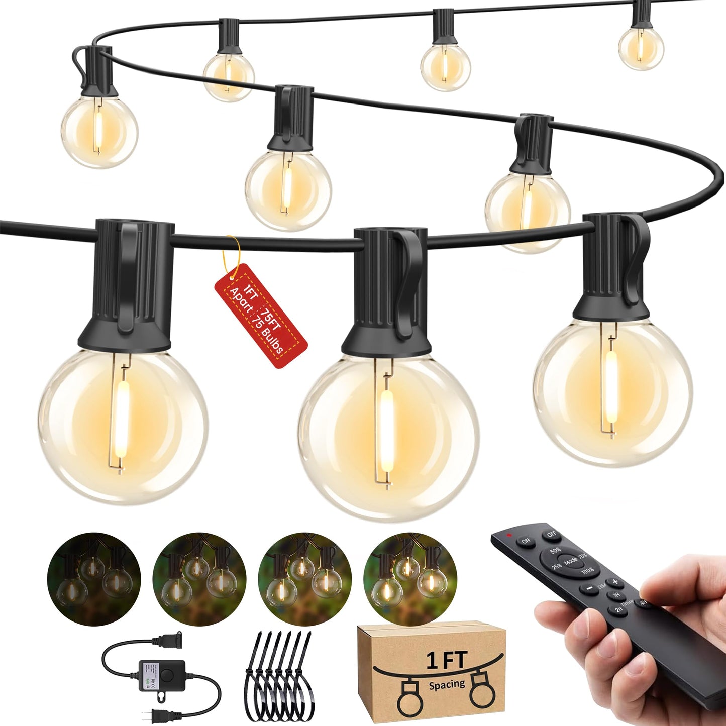 Outdoor-String-Lights-Patio-LED-Light-Outside 75FT Waterproof Dimmable Remote Outdoor Lighting 75 Globe Plastic G40 Bulbs Hanging Lights Connectable for Backyard Porch Party 1FT Bulbs spacing
