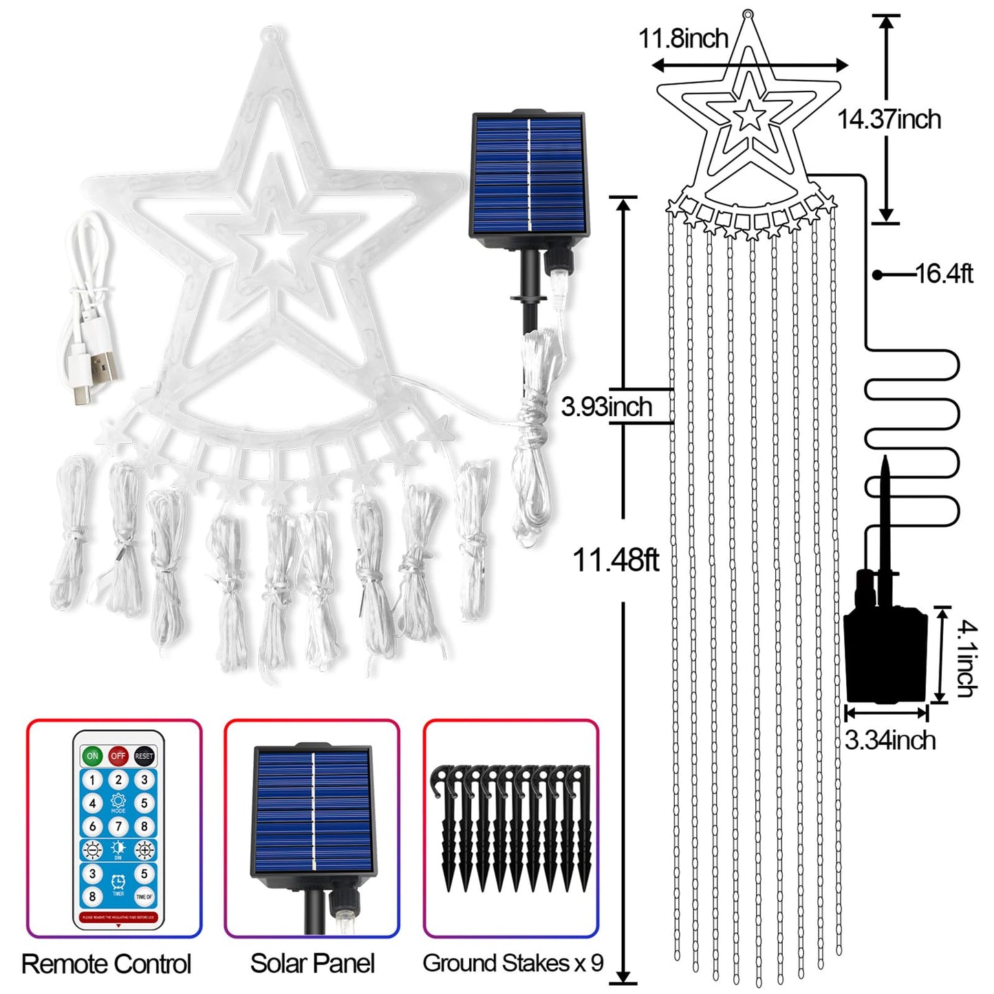 Christmas Solar Decorations Star Lights Outdoor, 11.48ft 350LED Waterfall Tree Lights with 8 Modes Timer Remote String Lights USB Powered for Garden Yard Patio Home Holiday Party Decor, Pure White