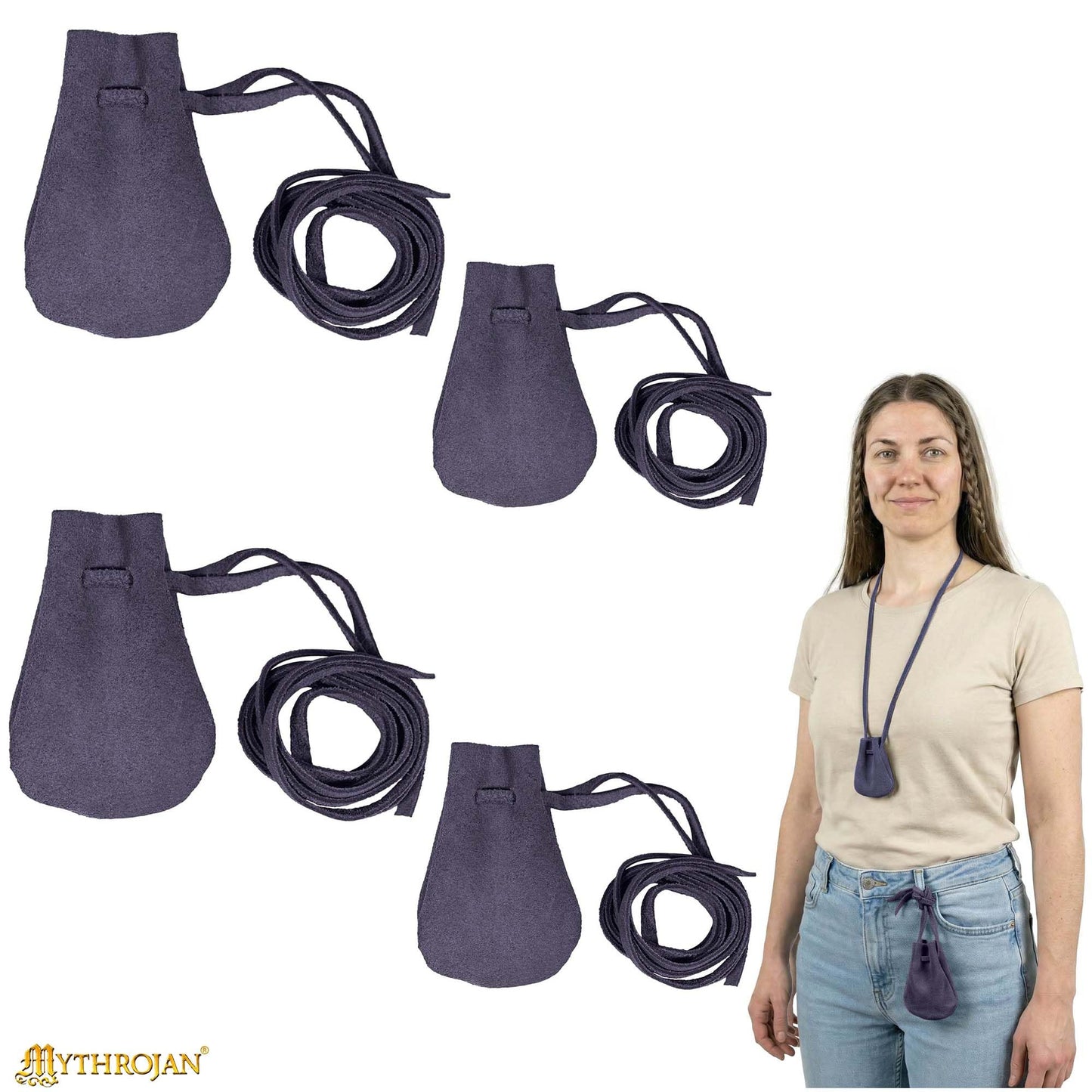 Mythrojan Small Trinket Pouches Suede Leather Drawstring Coin & Dice Bags for LARP, SCA, Viking & Medieval Events (2, Dark Blue, Large : 3" X 4" Small : 2.5" X3.5")