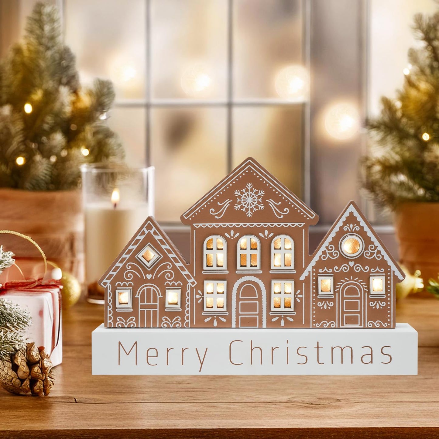 Christmas Decorations for Home LED Lighted Merry Christmas Decor Wooden Ski Lodge Holiday Signs Indoor Rustic Farmhouse Tabletop Block Xmas Party Gift
