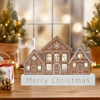 Christmas Decorations for Home LED Lighted Merry Christmas Decor Wooden Ski Lodge Holiday Signs Indoor Rustic Farmhouse Tabletop Block Xmas Party Gift