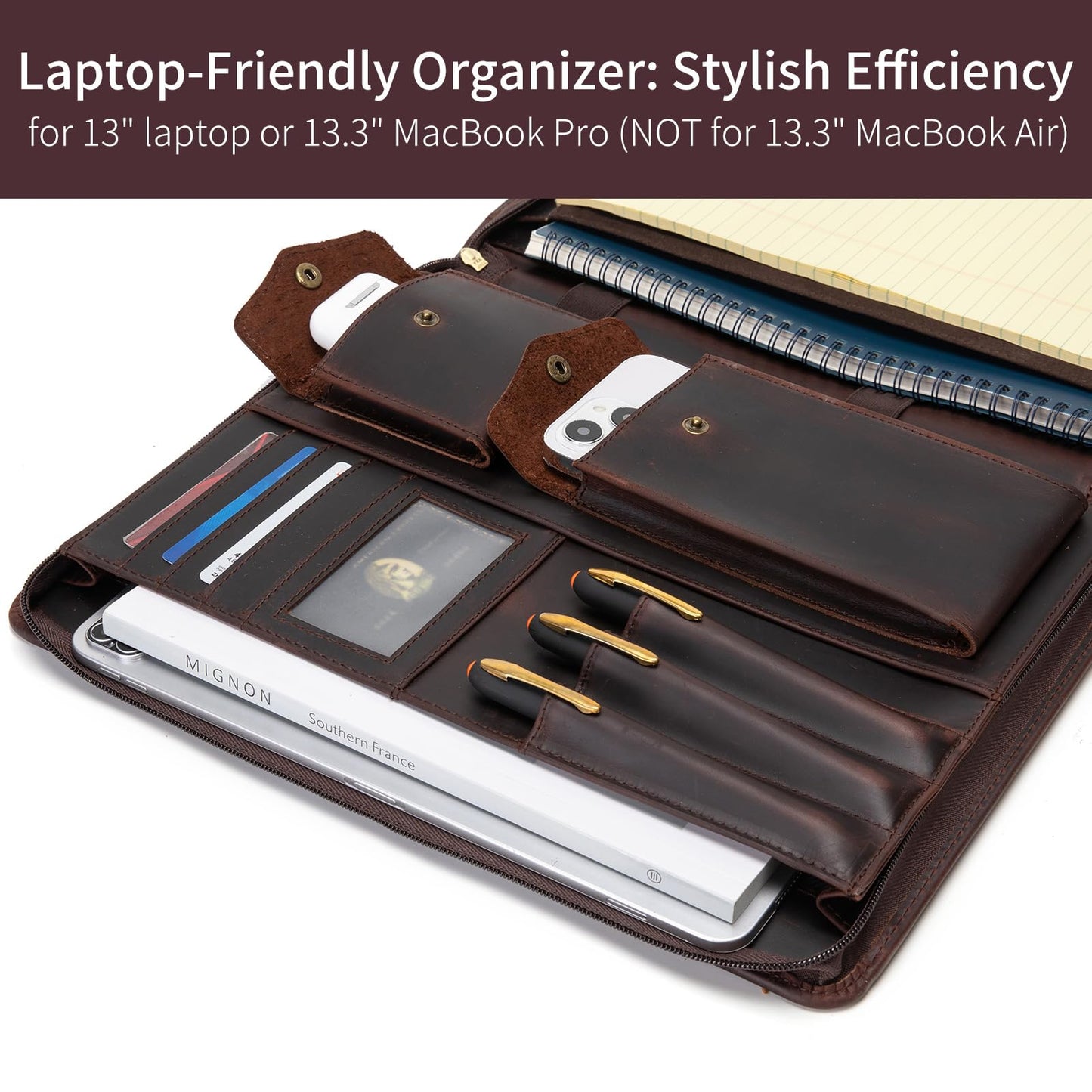 Geslun Genuine Leather Portfolio with Hidden Handle, Zippered Front Pocket, Business Padfolio for Men and Women, 8.5 x 11 Legal Pad Notebook Holder, Office Letter Notepad Folio, Dark Brown