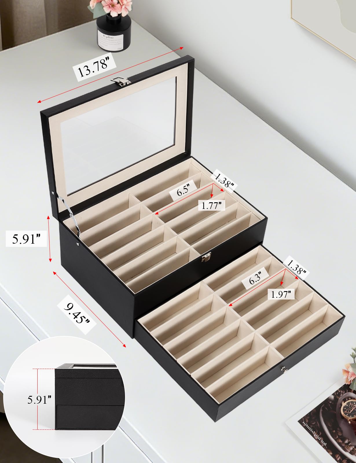 Huvon Sunglasses Storage Organizer Case with 24 Adjustable Slots, 2 Layer Multi Eyeglass Glasses Display Box with Lid Women
