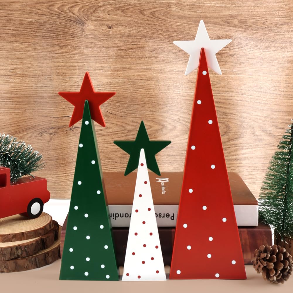 Christmas Decorations Indoor, Christmas Decor - 3 PCS Wooden Xmas Tree Signs with Stars for Home, Table, Fireplace Mantel, Shelf, Office Desk, Party Decor - Xmas Holiday Decorations
