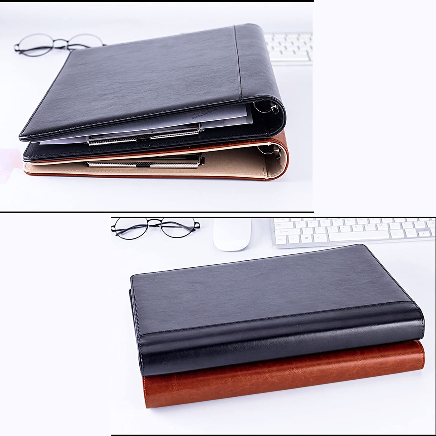 Enyuwlcm PU Leather Padfolio Ring Binder with Clipboard Resume Leather Portfolio with 20 Clear Plastic Sleeves Black