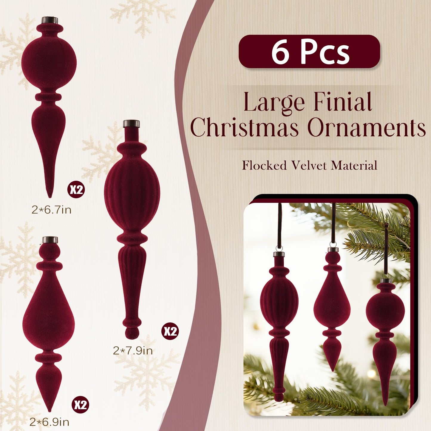 6 Pcs Wine Red Velvet Finial Christmas Tree Ornaments - Christmas Burgundy Velvet Pendants Shatterproof Flocked Hanging Ornaments Decorations for Xmas Tree Winter Holiday Wedding Party Decor