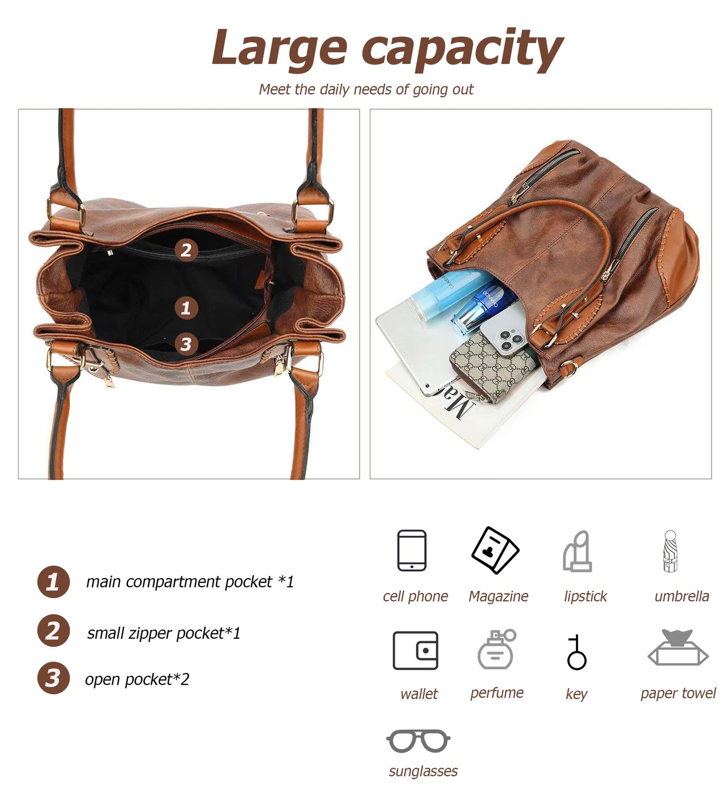 myfriday Vintage Large Leather Tote Handbags for Women, Soft Hobo Shoulder Bag Satchel Purse with Adjustable Strap