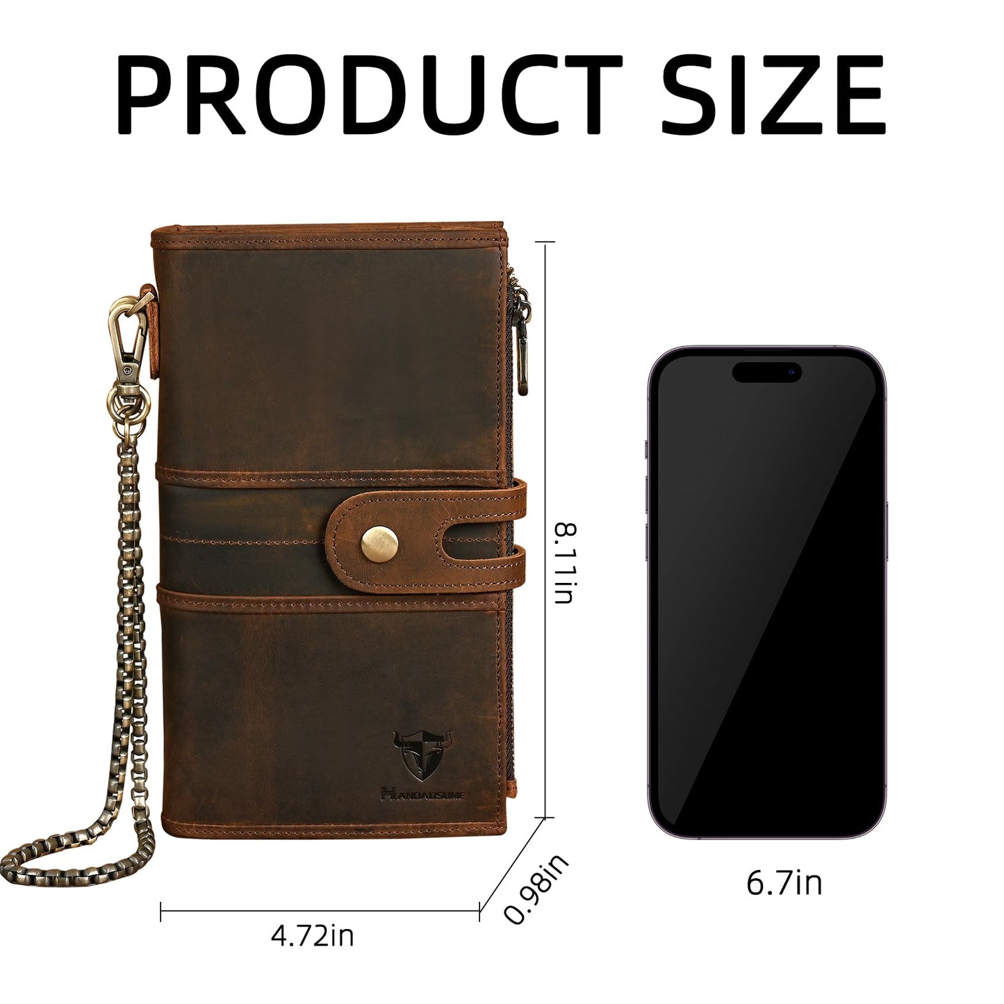 Handadsume Genuine Crazy Horse Leather Travel Gift Coin Pocket Card Case Long Organizer Chain Rfid Wallet Purse With Snap For Men Male 1803 1815 (1815 Brown)