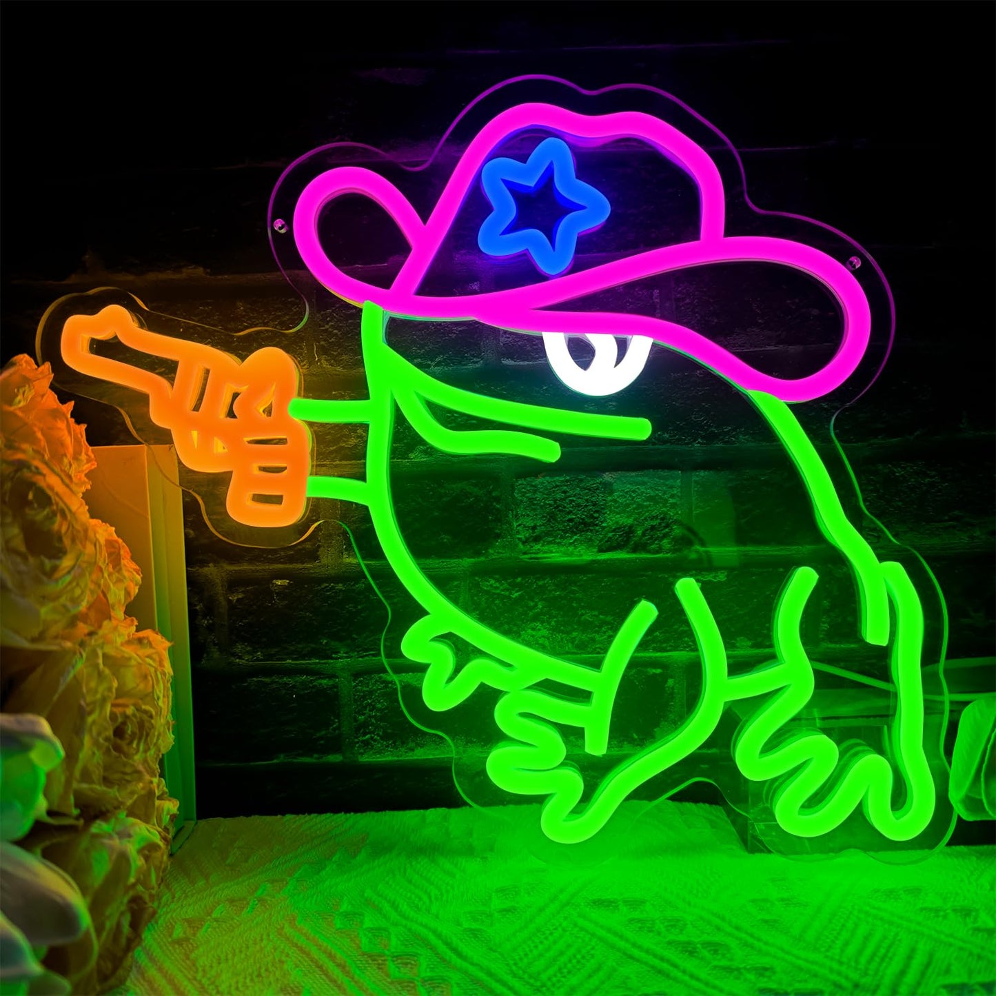 Cowboy frog neon sign, dimmable frog neon LED light funny neon sign for wall decoration, suitable for playroom decoration, party decoration, baby room, kids gift.
