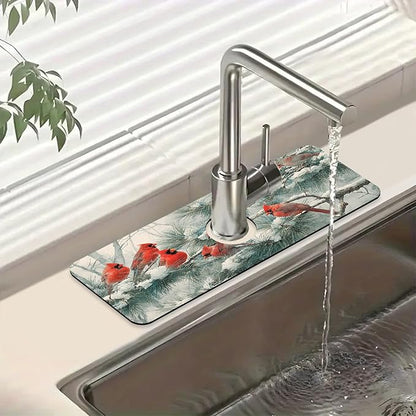 Winter Sink Faucet Absorbing Mat Cardinal Christmas Super Absorbent Fast Drying