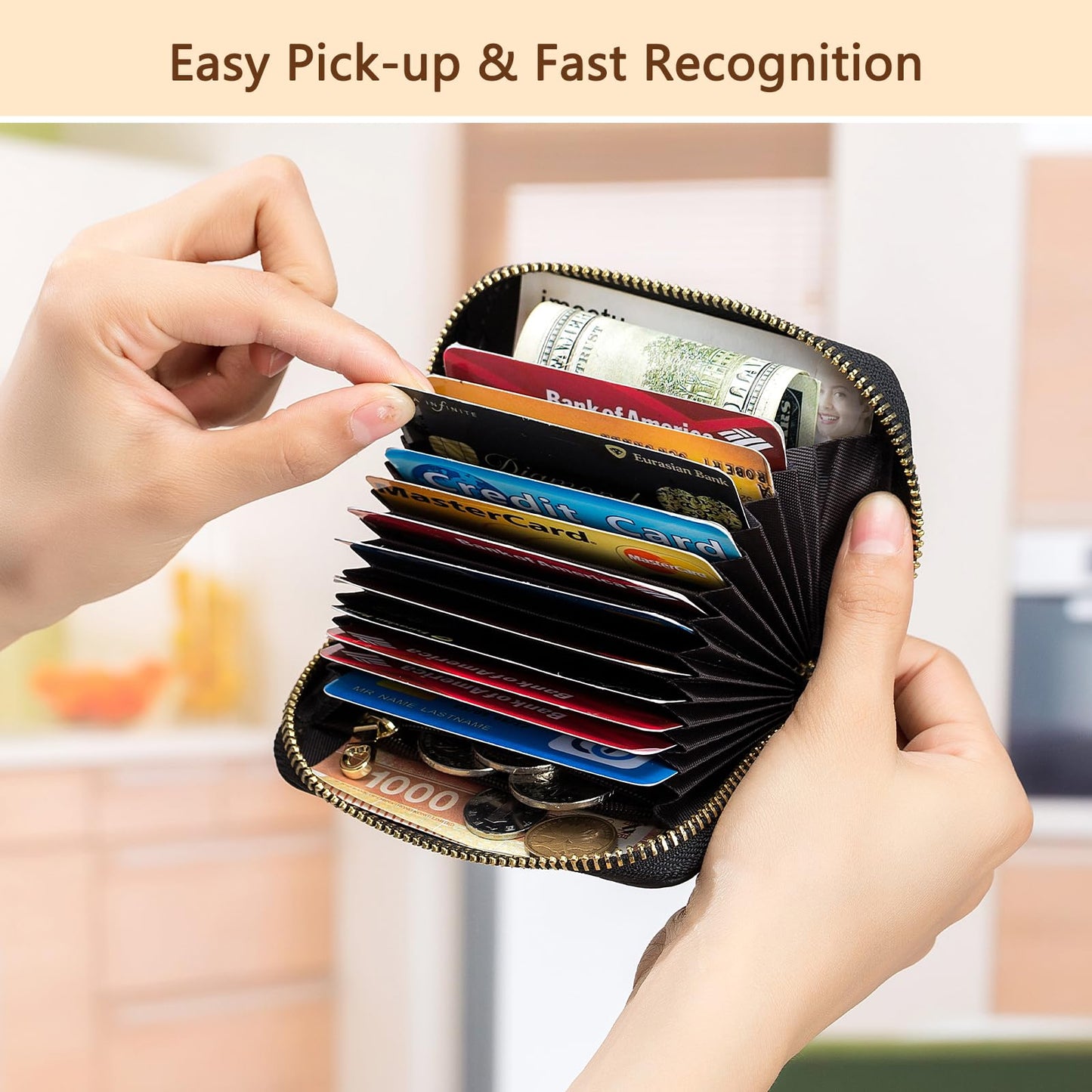 imeetu RFID Credit Card Holder, Small Leather Zipper Card Case Wallet for Women (Lite,Coral Pink)