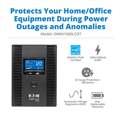Eaton Tripp Lite series OMNI1500LCDT 1500VA UPS Battery Backup Computer Uninterruptible Power Supply Units & Surge Protector, 810W, 10 Outlets, AVR, LCD Screen, 3 Year Warranty & $250,000 Insurance