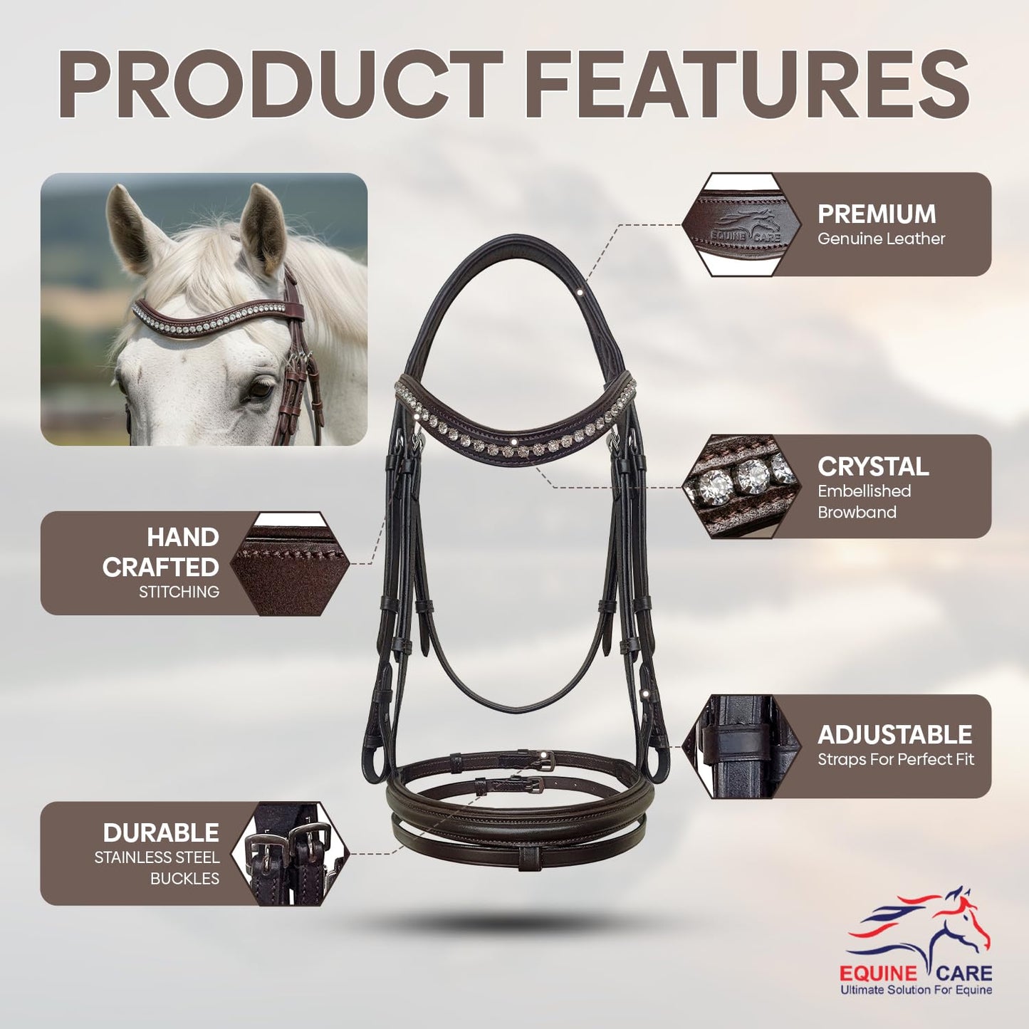 Equine Care Leather English Horse Bridle with Reins, Full Size Havana Brown, Raised Fancy-Stitched Hunter Show Bridle with Clear Crystal Browband, Padded Crownpiece, Stainless Steel Hardware