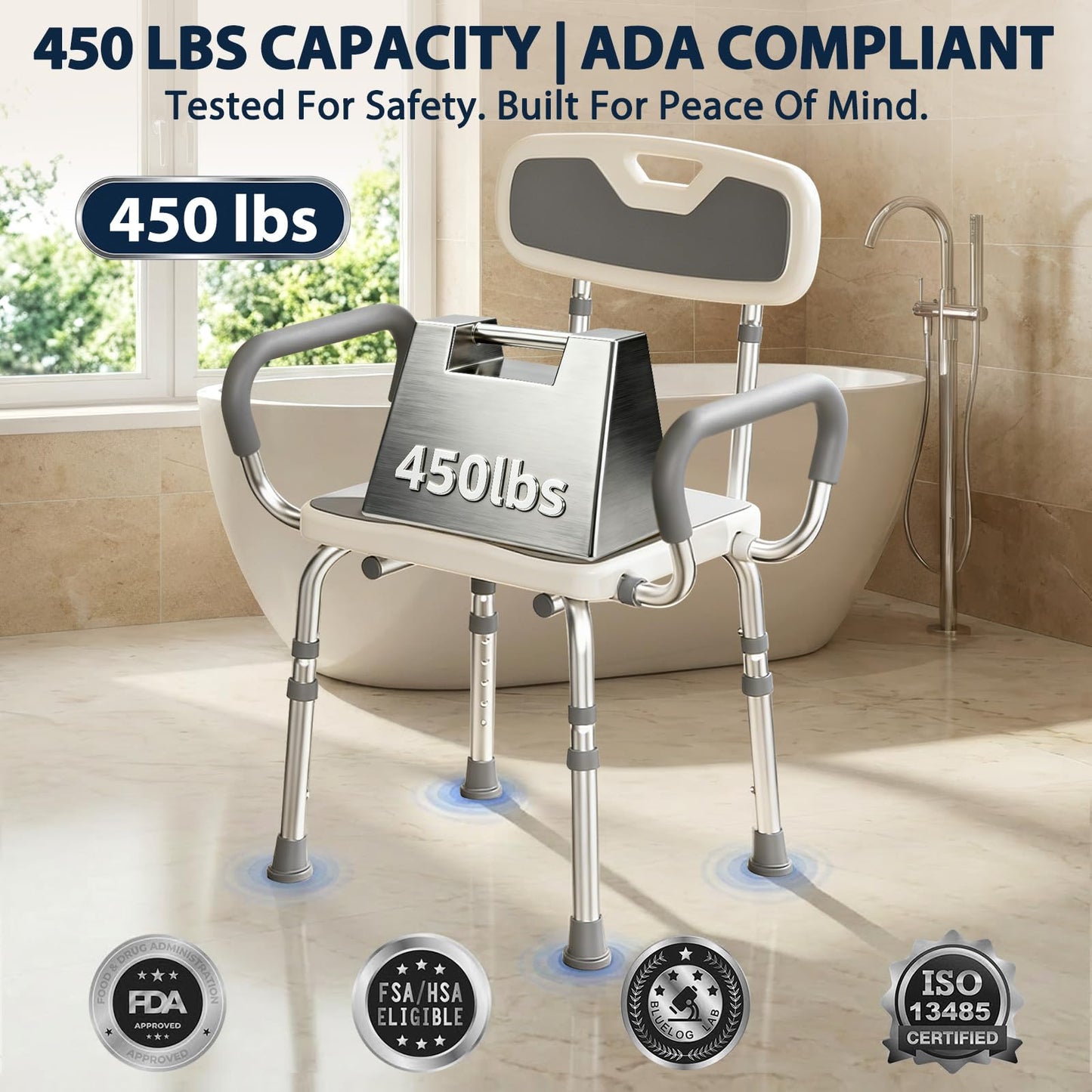 UNILEAF Shower Chair For Inside Shower With Arms And Back, Adjustable Height Shower Chair For Elderly And Disabled Adults, 450 Lb Capacity, Non-Slip Shower Seat, Aluminum, White