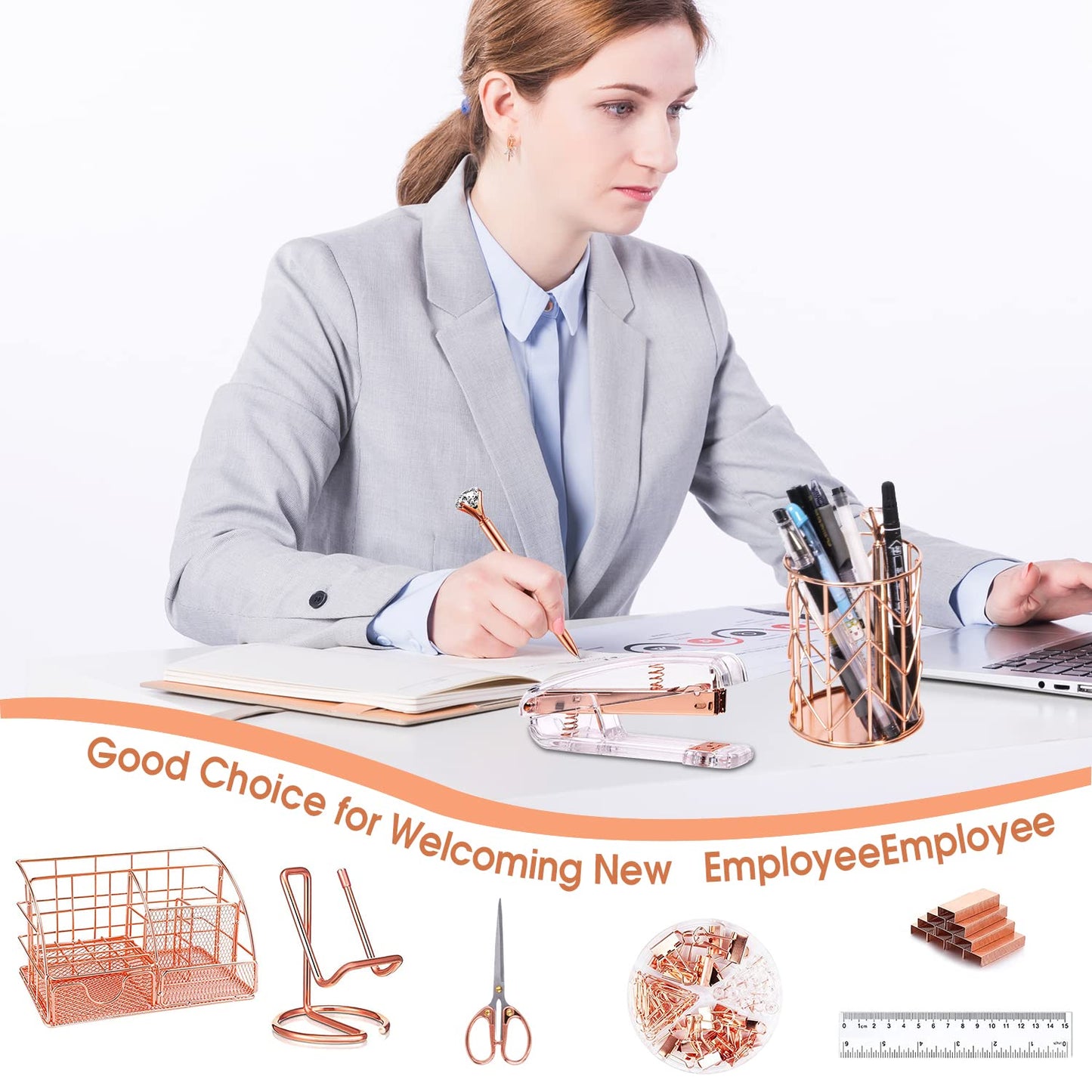 KAAKOW Rose Gold Desk Organizers and Accessories Office Supplies Set Stapler, Pen Holder, Phone Holder, Scissors, Pen, Ruler, 30 Paper Clips, 22 Binder Clip, 20 Tacks and 1000pcs Staples