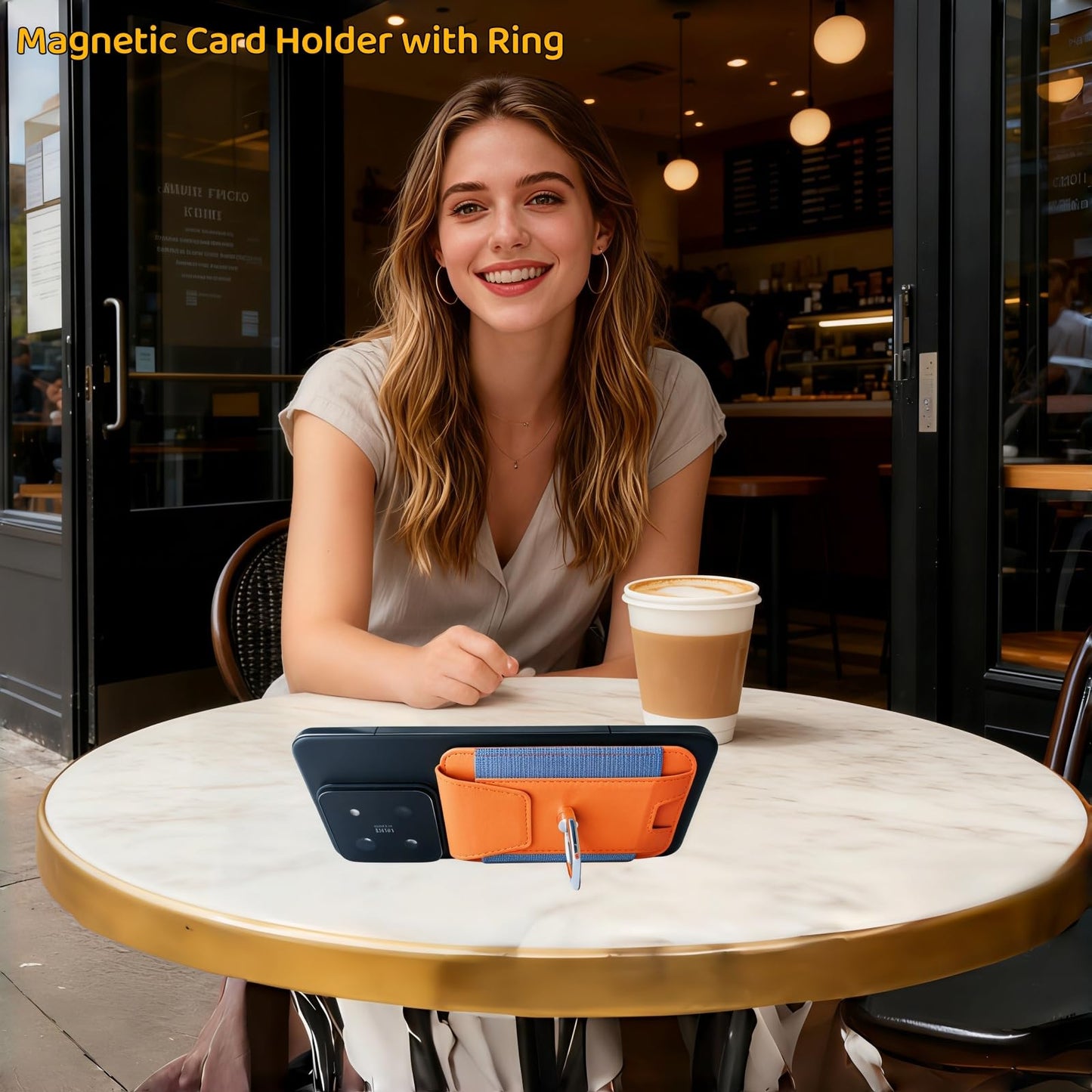 UPEWEFI for Magsafe Wallet, Slim Magnetic Card Wallet with Grip, 7 Cards Holder RFID Blocking, Ring Stand Stick on Wallet with Privacy Flap(Orange)
