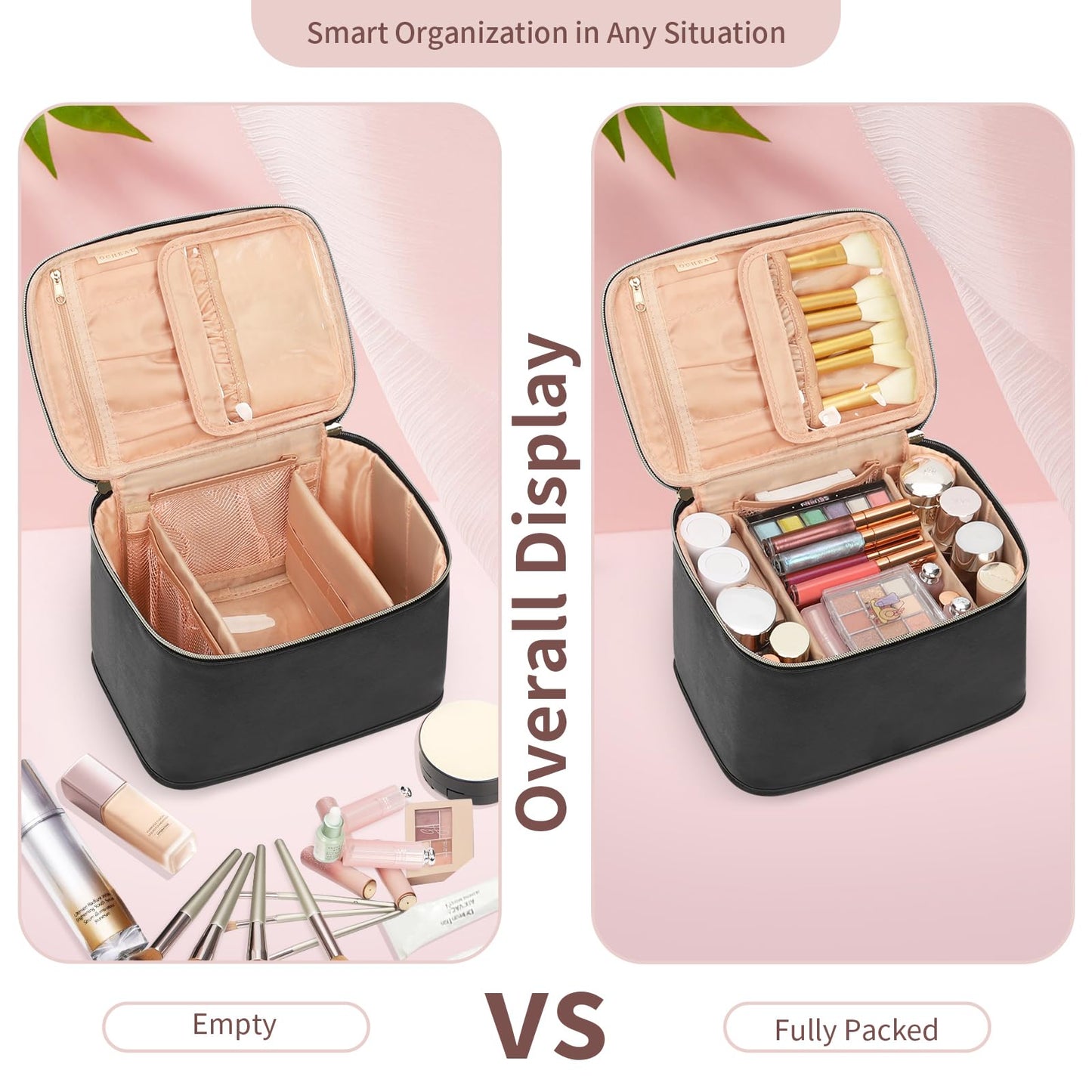 OCHEAL Travel Makeup Bag, Cosmetic Bags for Women Makeup Case Organizer Large Capacity Travel Toiletry Bag Storage Bags with Divider and Handle for Cosmetics Toiletries Brushes Tools-Large, Black