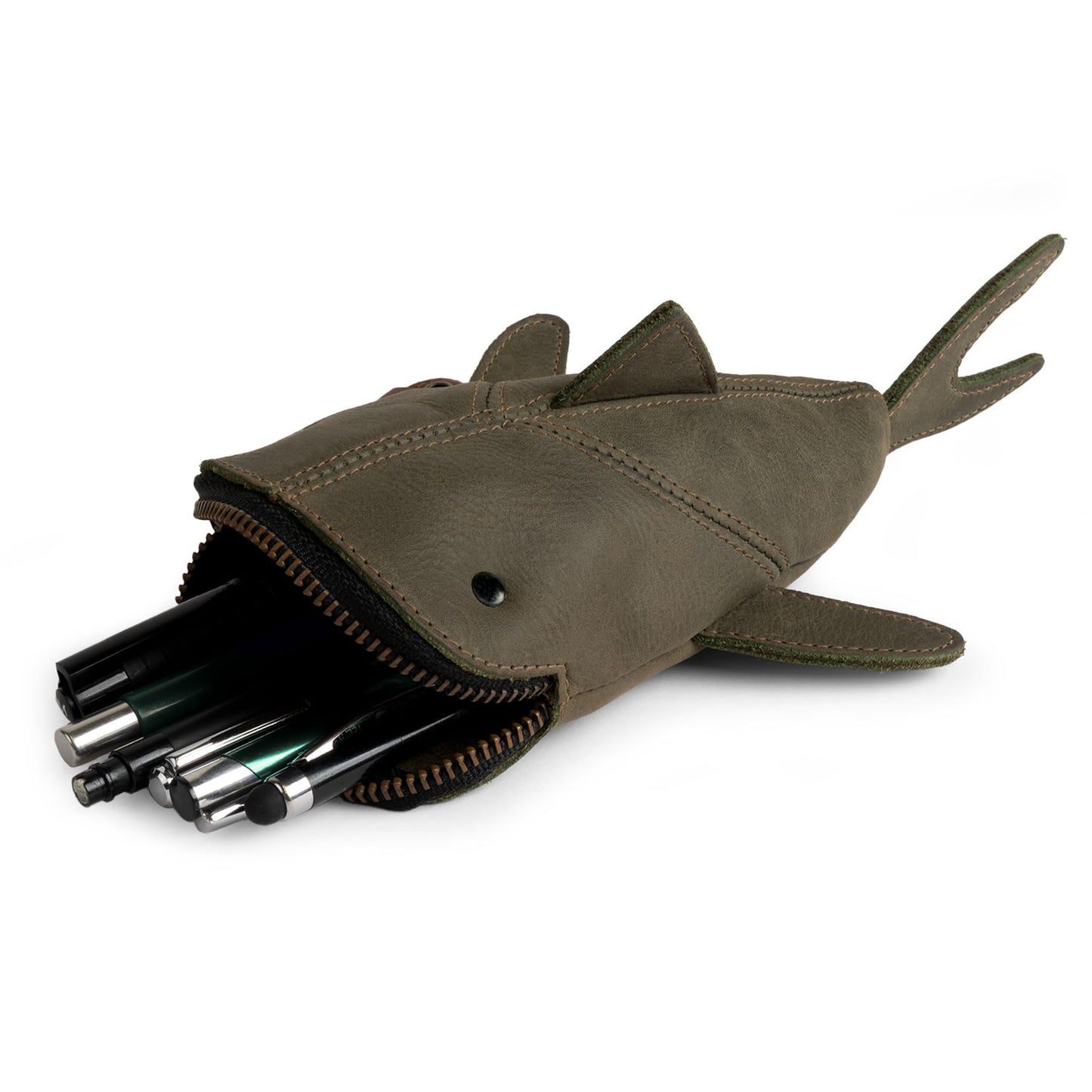 Hide & Drink, Full Grain Leather Zipper Coin Pouch, Change Bag, Pencil Purse, Scissors Case, Shark Shaped Cable Holder, Wallet, Makeup, Stuffed Animal, Handmade, Dark Jade