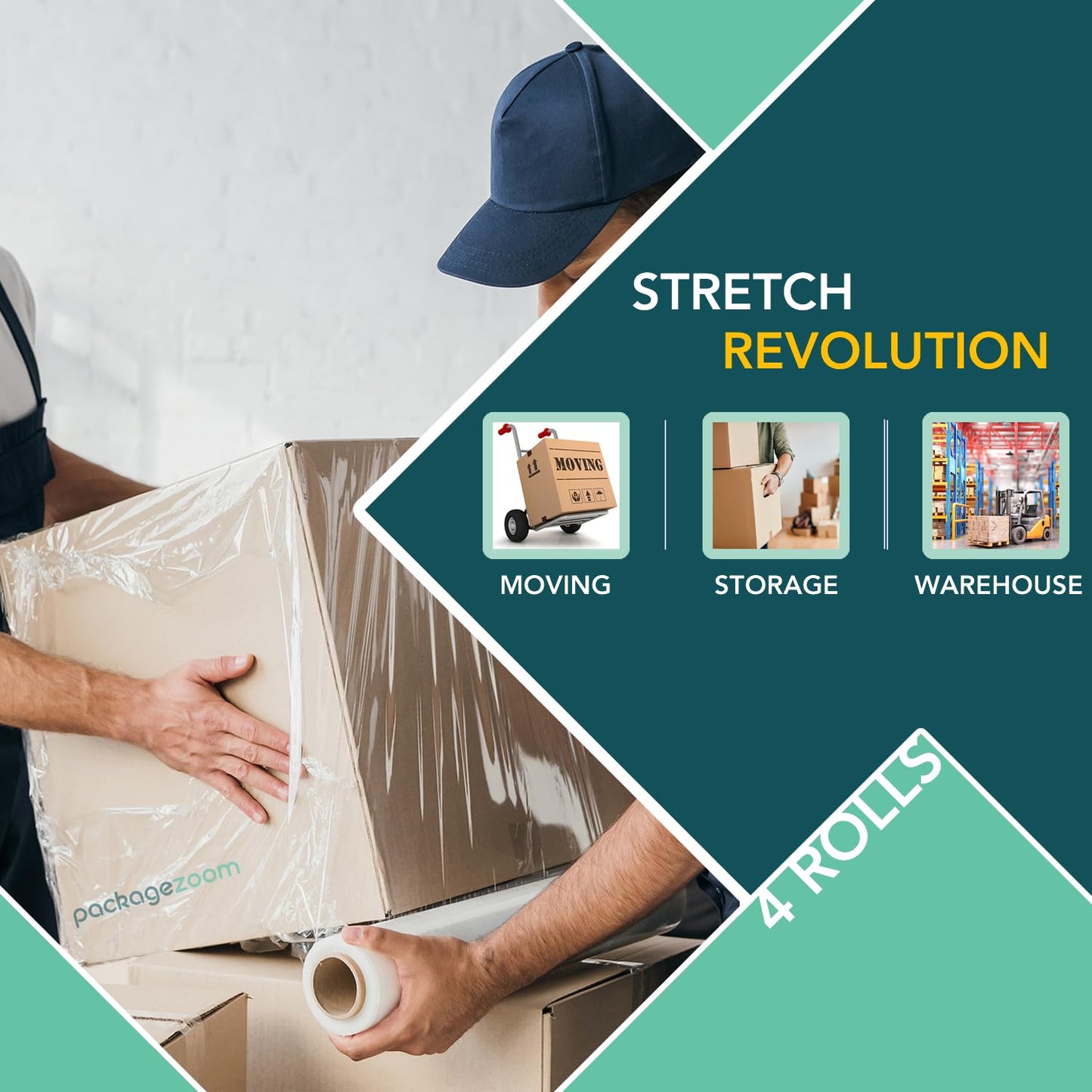 PackageZoom 4 Rolls Clear Stretch Wrap Film 18” x 1500 feet Plastic Wrap for Moving, Packing, Shipping & Storage Heavy Duty Industrial Cling Film for Boxes and Furniture