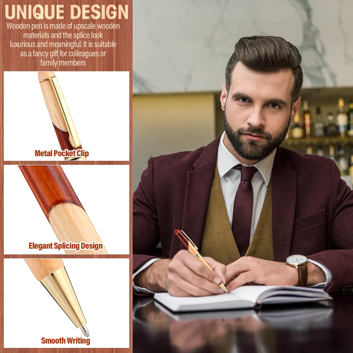 Zhanmai 3 Sets Wooden Ballpoint Pen Sets for Men Gift with Business Pen Case Display, Appreciation Gifts for Men Christmas Birthday Employee Office Supplies, Thank You Gifts for Dad Father