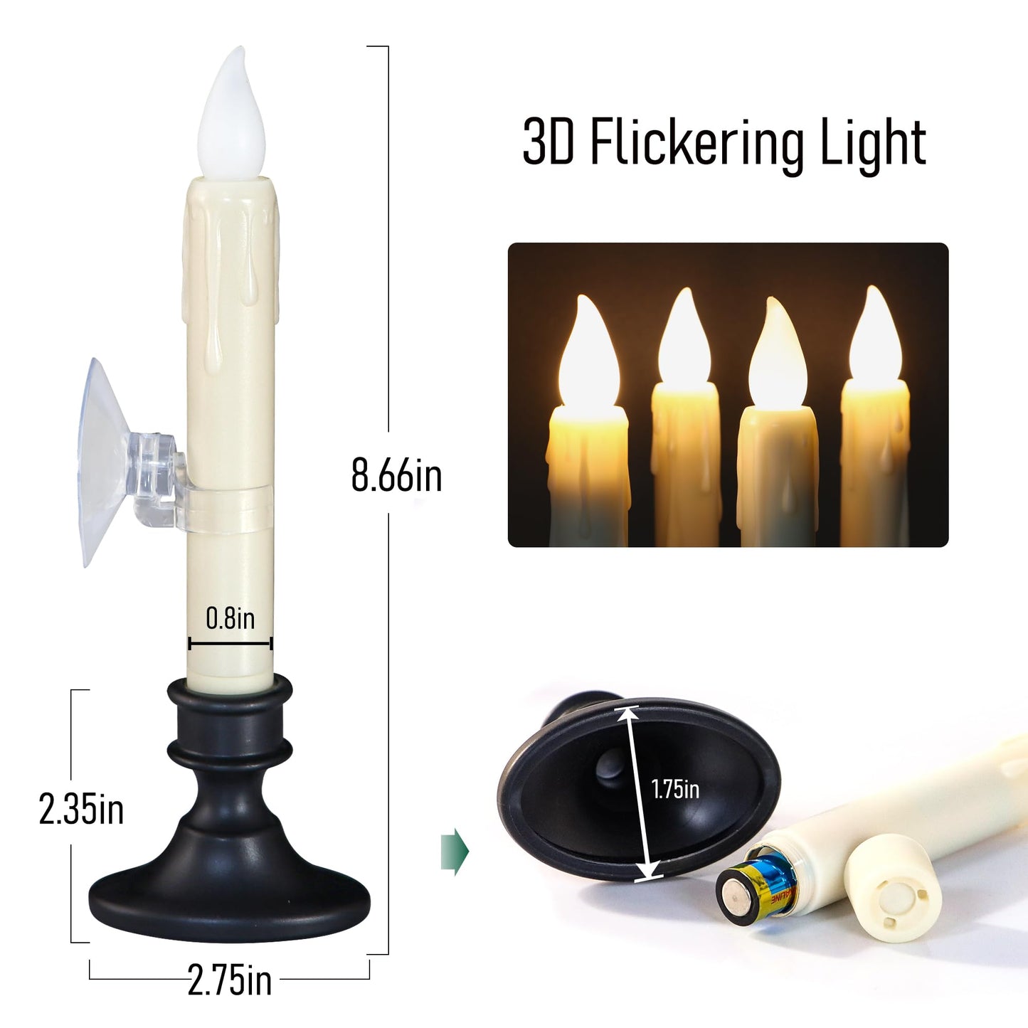 yunsheng 8.6Inches LED Window Candles Dusk to Dawn Light Sensor Timer, 6PCS Battery Operated Flameless Taper Candles with Drip Texture, Suction Cups and Removable Black Base, Christmas Home Decor