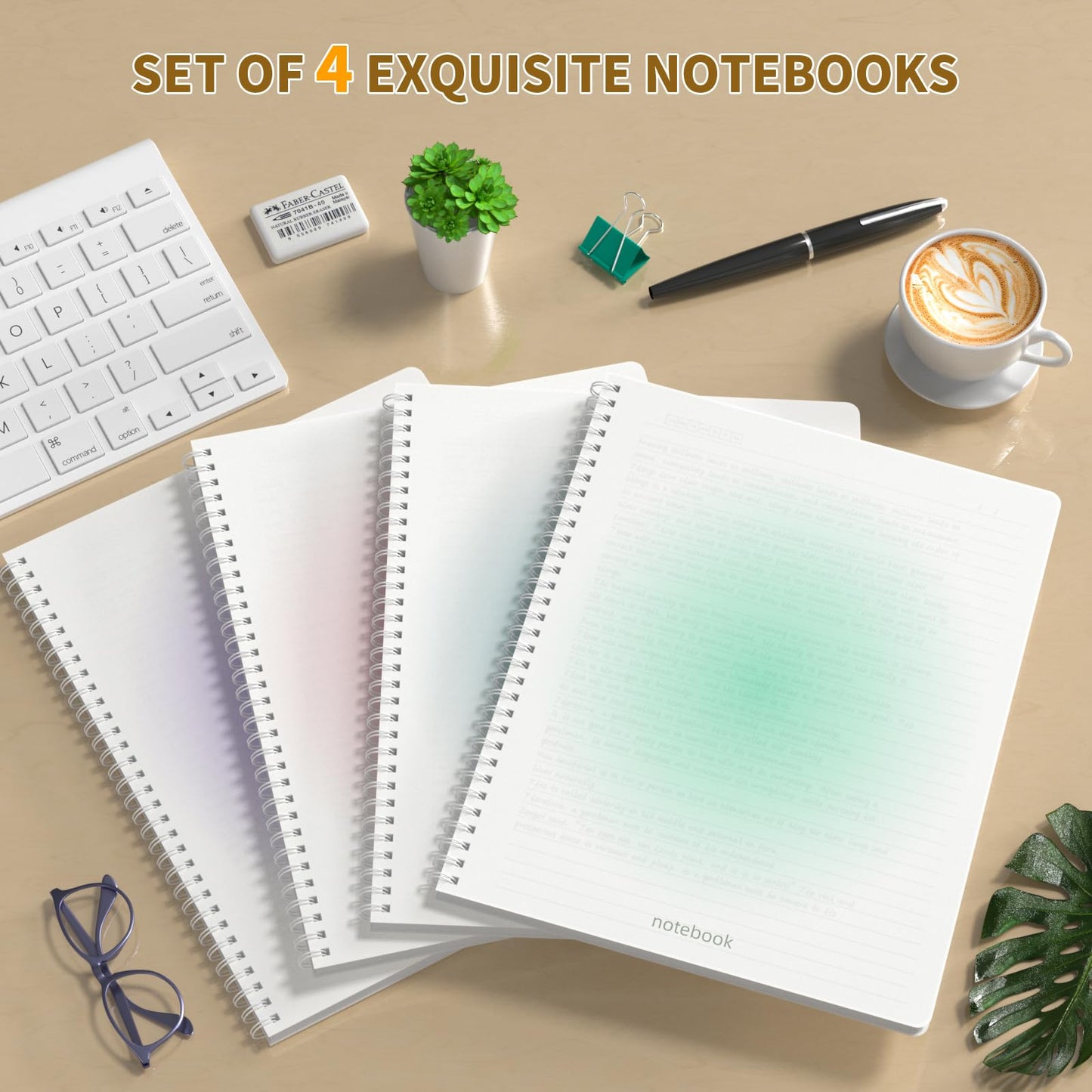 Spiral Notebook A4 College Wide Ruled Notebooks 4 Pack 8.5" x 11" Journaling Notebooks 140 Pages 100GSM Gradient Small Lined Notebooks Waterproof PP Cover for Note Taking for Work School Business Travel