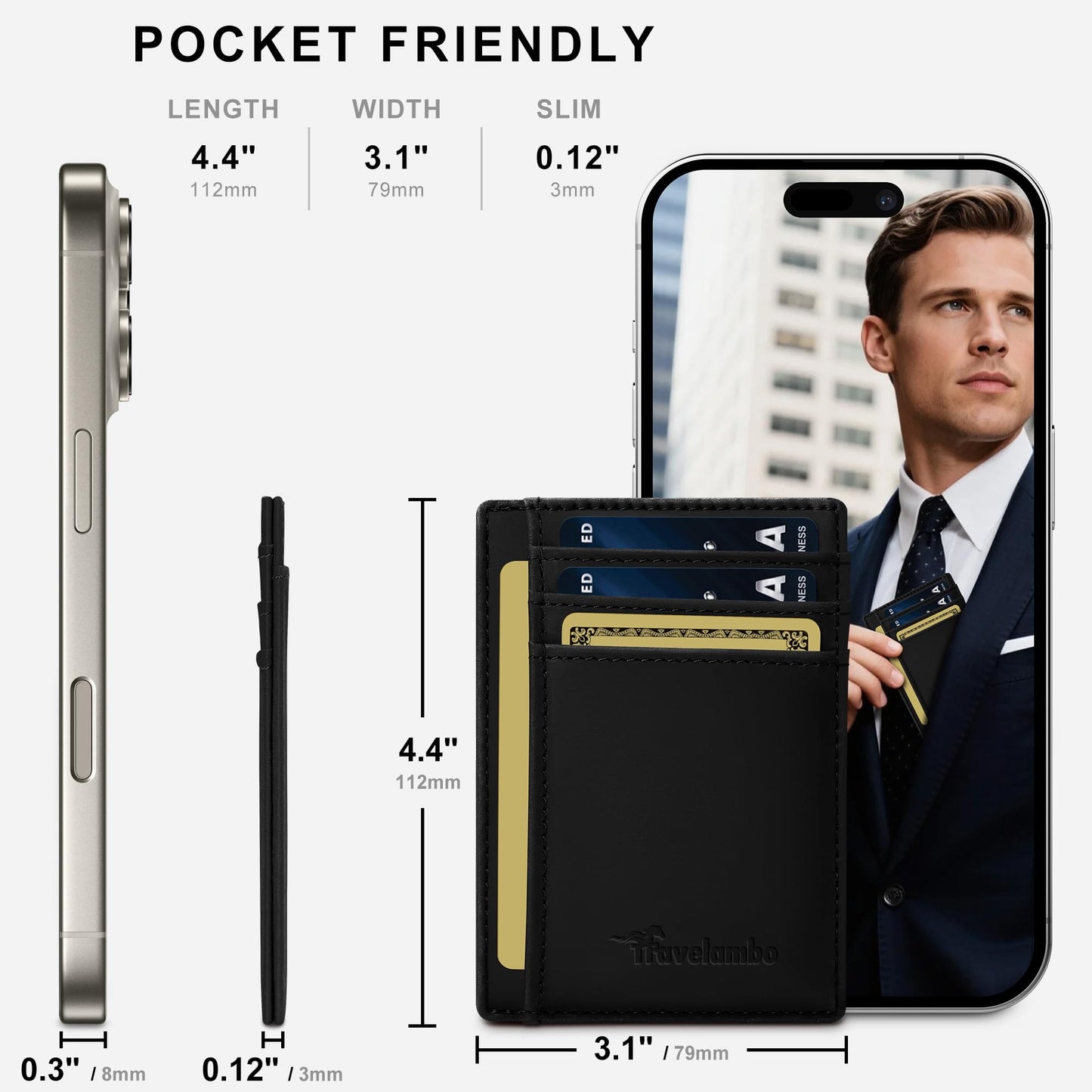 Travelambo 100% Genuine Leather Wallet for Men and Women, Slim Minimalist RFID Blocking Front Pocket Credit Card Holder with Gift Box