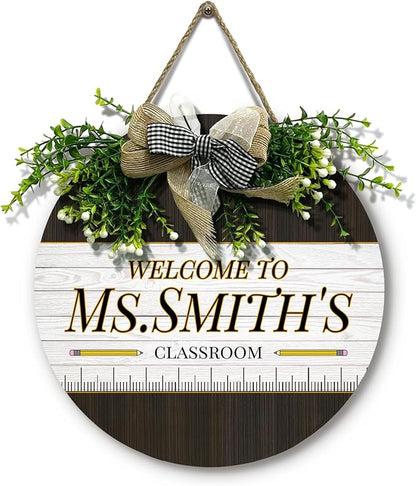 Personalized Teacher Door Signs for Classroom Custom Teacher Name Sign with Wreath Wooden Welcome Hanging Sign with Bow for Classroom Front Door School Bulletin Board Decor 12 Inch