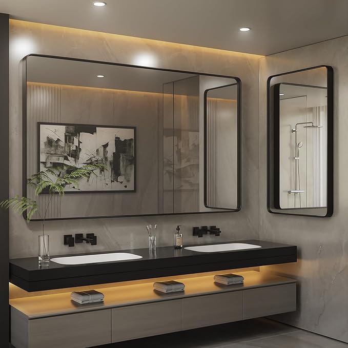 ISKM Black Bathroom Mirror for Wall 40" x 24" Matte Black Framed Vanity Mirror, Shatter-Proof, Tempered Glass, Rounded Rectangle Mirror(Horizontal/Vertical)