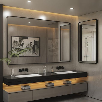 ISKM Black Bathroom Mirror for Wall 40" x 24" Matte Black Framed Vanity Mirror, Shatter-Proof, Tempered Glass, Rounded Rectangle Mirror(Horizontal/Vertical)
