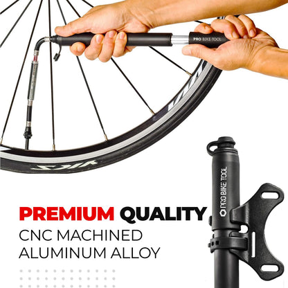 Pro-Bike Tool Mini Bike Pump with Gauge - Fits Presta & Schrader - Accurate Inflation - Mount Kit incl. - 100 PSI
