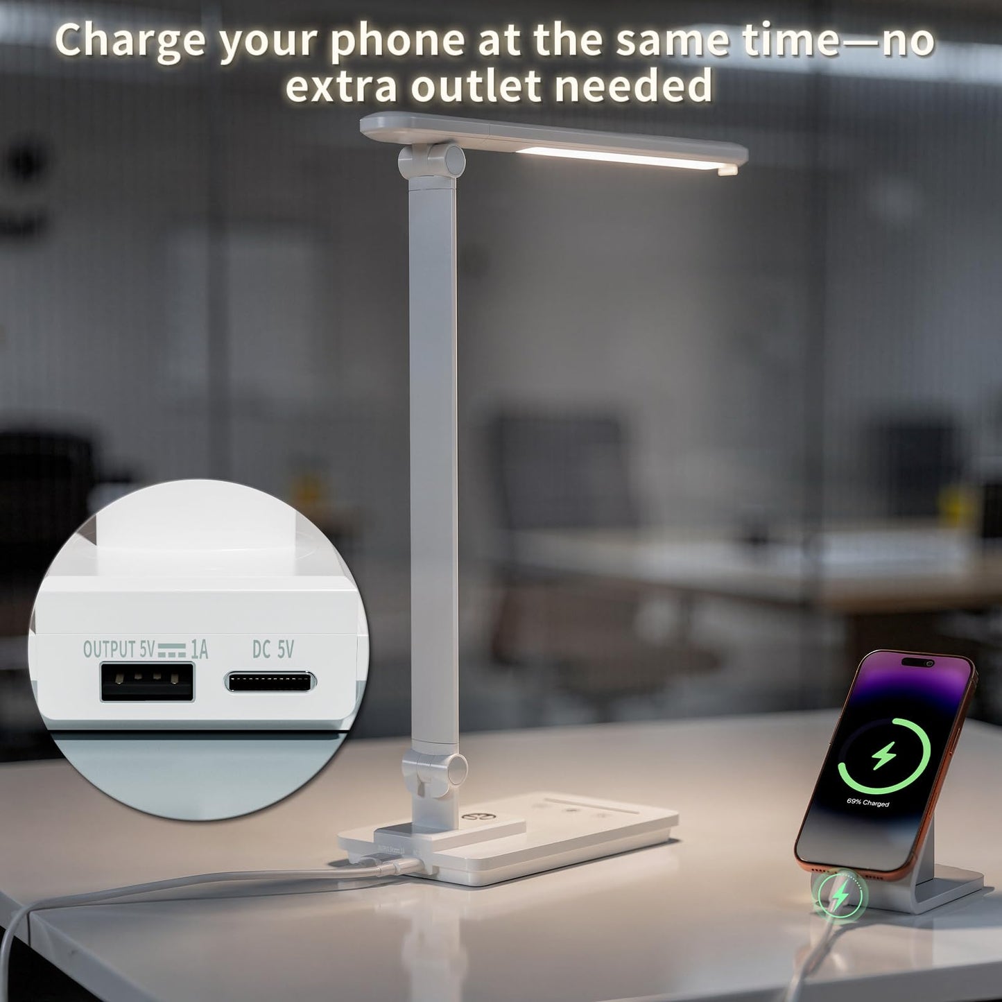 ELECTRI LED Desk Lamp, Touch Desk Light with USB Port, 5 Color & Stepless Dimming, 360° Rotatable ＆ Foldable, Reading Lamp for Table Study Work Office Nail Craft Puzzle(with Adapter) (White)