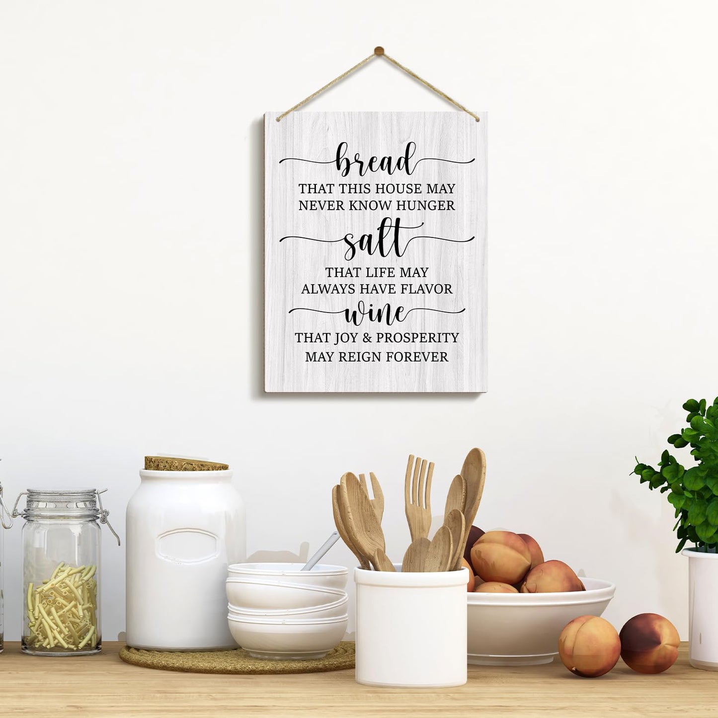 Kitchen Wooden Sign - Housewarming Gift for Women, Men, Coworker, Friend - Bread Salt Wine Wall Decor Hanging Sign for Home Decorations - 12