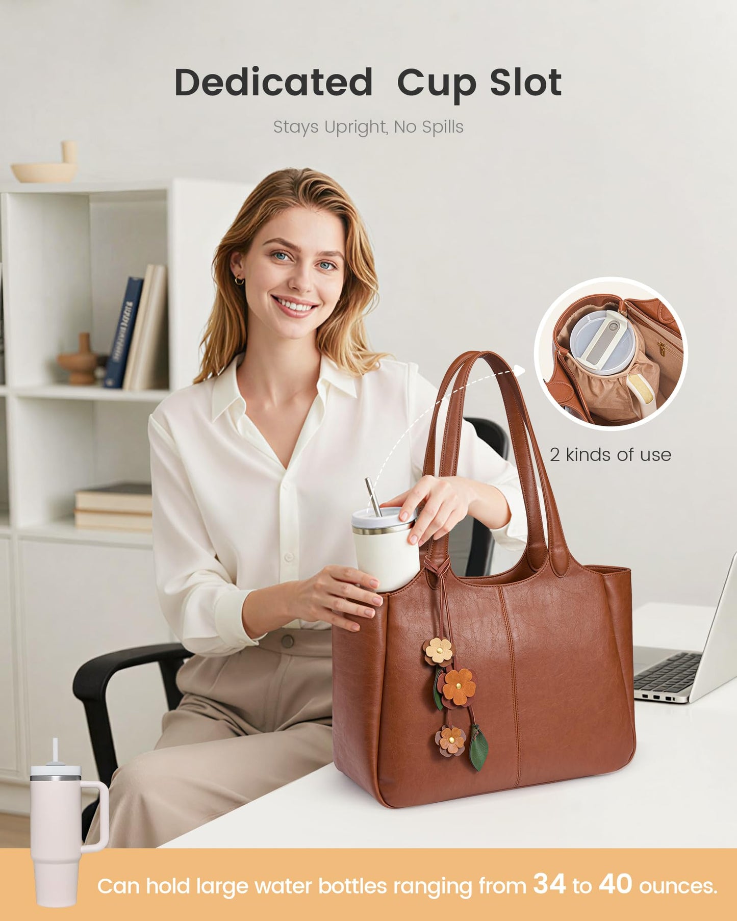 LOVEVOOK Tote Bag for Women, Leather Vintage Work Bag with 40oz Cup Holder,Nurse Teacher Shoulder Bag,Roomy,6 Pockets