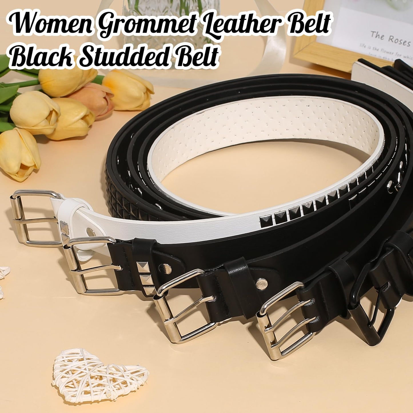 SNCEAW 3 Pcs Studded Belt Y2K Metal Goth Punk Rock Rivet Belt with Bright Pyramid Studded for Women Men (Silver+Black+Double Holes, Fit Pant 27-32 inch)