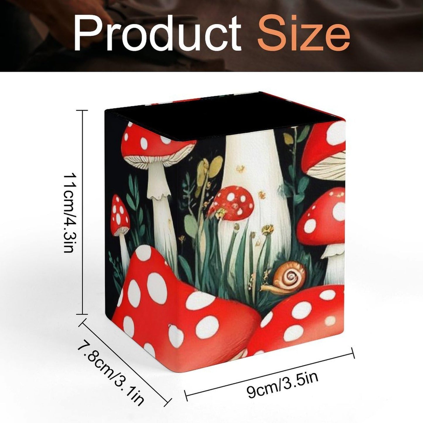 UTRSIFB Pen Holder Square Leather Pencil, Holder Cup Makeup Brush Storage Organizer, Waterproof Multifunctional Office Supplies Wild Mushrooms