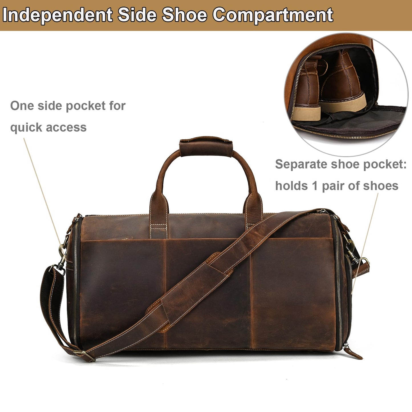 Yevabo Full Grain Genuine Leather 2-in-1 Garment Dufflel Bag for Men Foldable Suit Carrier with Independent Shoe Compartment, Large Capacity Weekender Overnight Travel Bag for Business Trips, Coffee