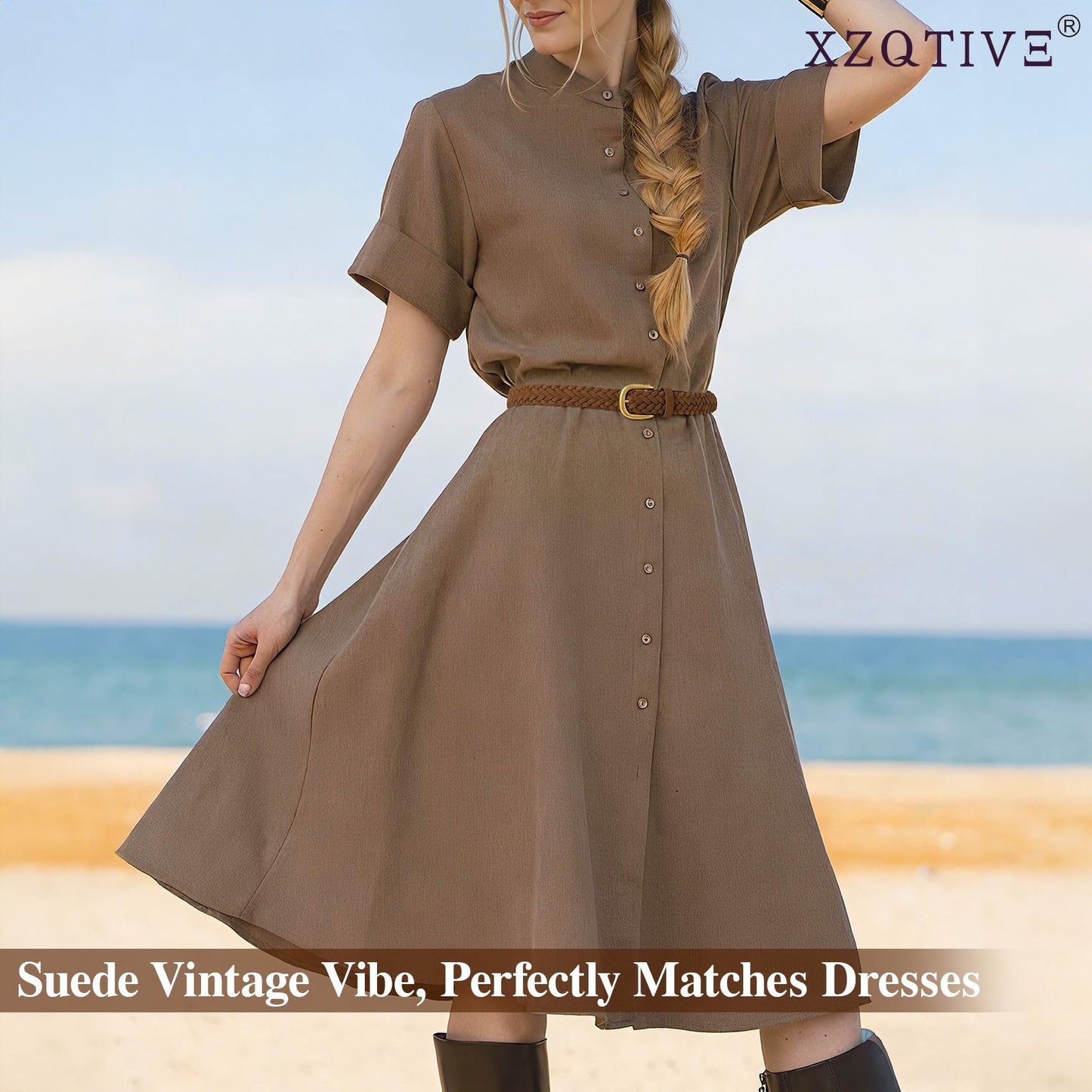 XZQTIVE Women’s Braided Suede Belt with No-Hole Adjustable Design – Vintage Woven Leather Waist Belt for Dresses,Jeans and Casual Outfits