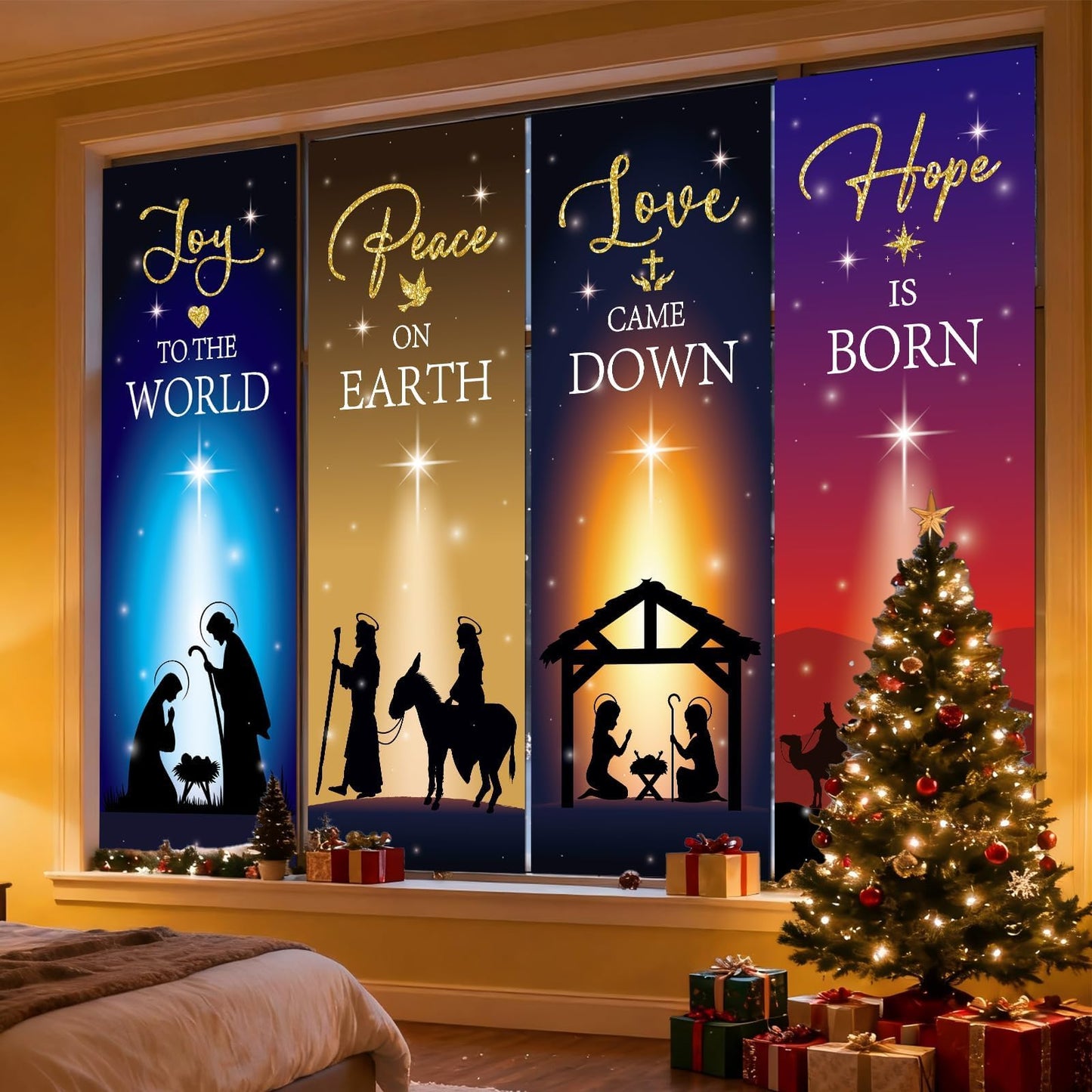 4Pcs Christmas Nativity Large Window Clings Decorations Religious Jesus Christmas Window Decals Nativity Scene Love Hope Joy Peace Double-Side Stickers for Xmas Holiday Party Home Church School Decor