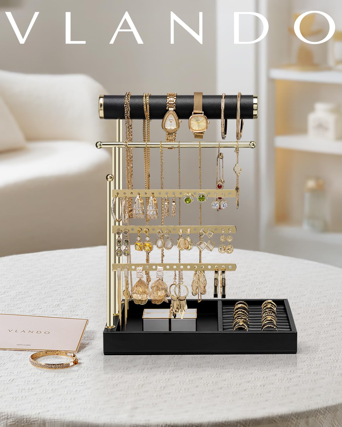 VLANDO Jewelry Stand Organizer with Ring Holder Tray, Necklace and Earring Storage for Bracelets, Watches and Rings, PU Leather Covered Wooden Tray with Gold Metal Frame - Black