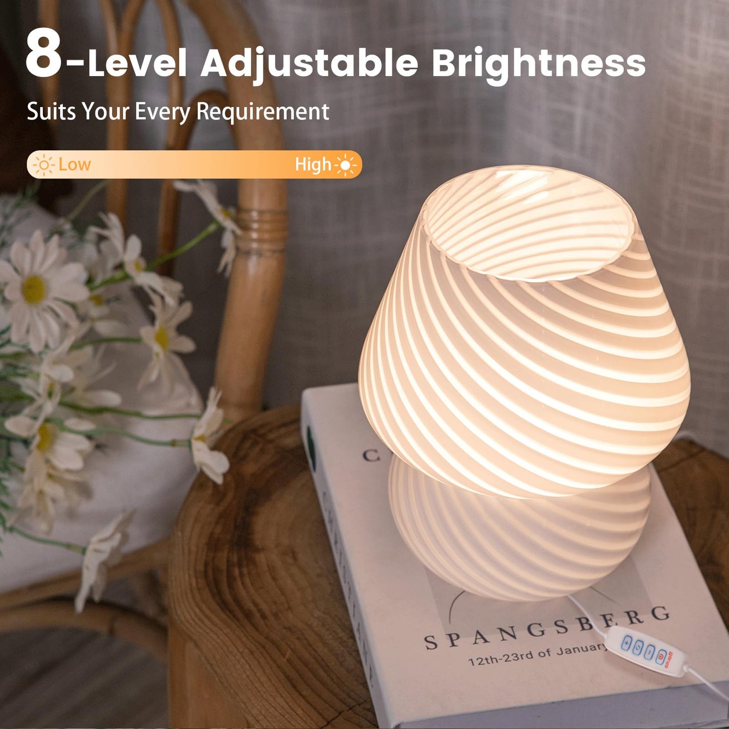 ULAROOM USB Plug-in Mushroom Lamp Small Bedside Table Lamp with 3 Temperature LED Bulb,Free Dimming Nights Light for Bedroom/Living Room/Entryway/Corner Decor (Stripe White)