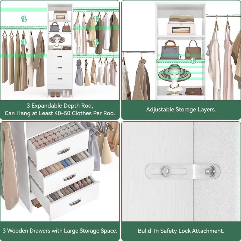 Besiost 96'' Closet Organizer System with 3 Hanging Rods, 8FT Closet Organizers and Storage with 3 Wooden Drawers, Built in Closet Organizer Systems, Adjustable Walk-in Wardrobe from 5-8FT, White