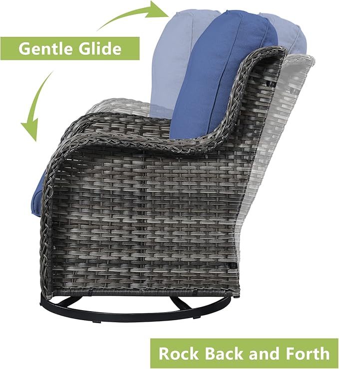 Rilyson Wicker Patio Furniture Set - 5 Piece Rattan Outdoor Sectional Conversation Sets with 2 Rocking Swivel Chairs,2 Ottomans and 1 Sofa for Porch Deck Garden(Mixed Grey/Blue)