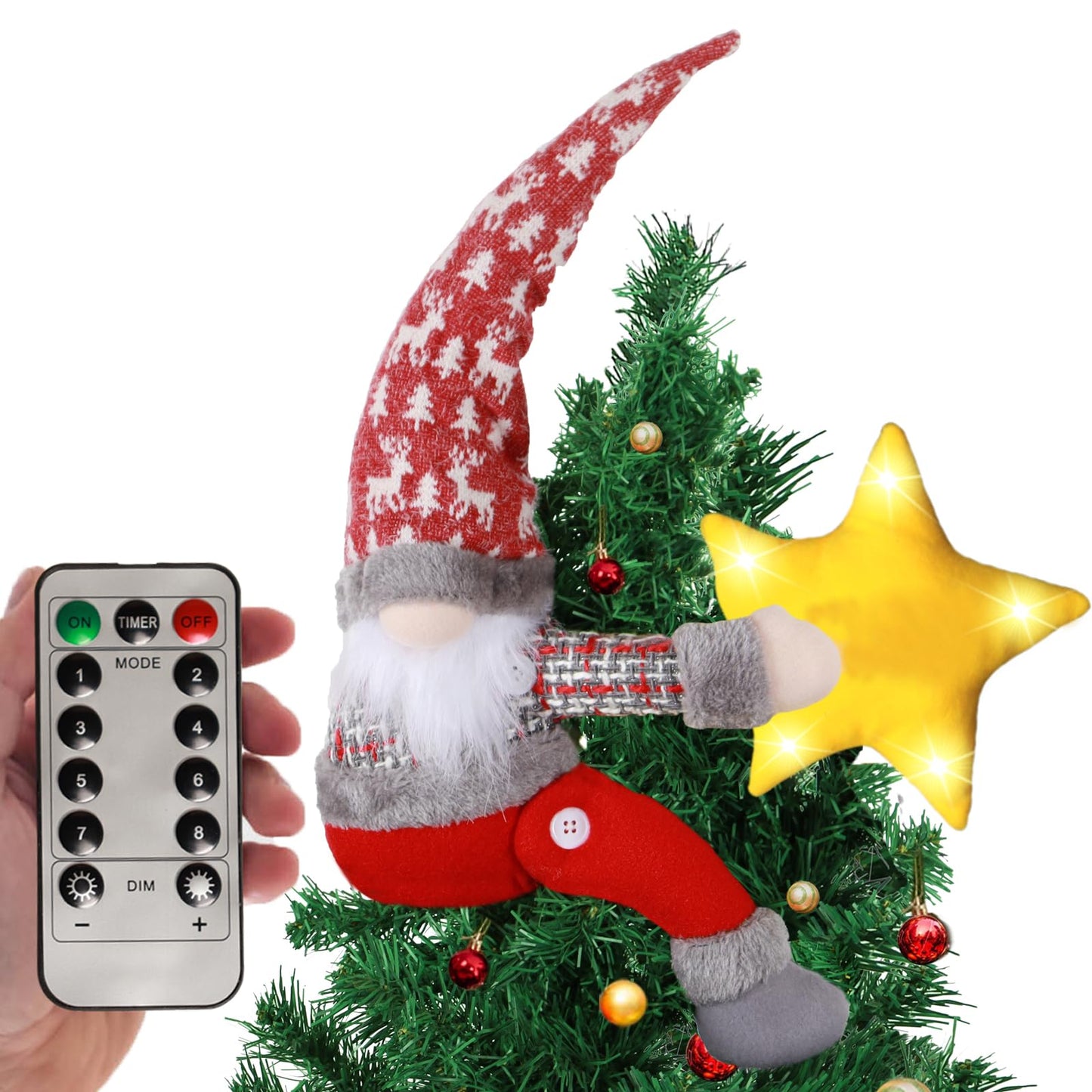 Christmas Tree Topper Gnomes Decorations with Lights,21.7 Inches Handmade Embrace Christmas Tree Gnome with Lighted Star，Christmas Home Decor Curtain Tie Wine Bottle Decoration (Red Hat)