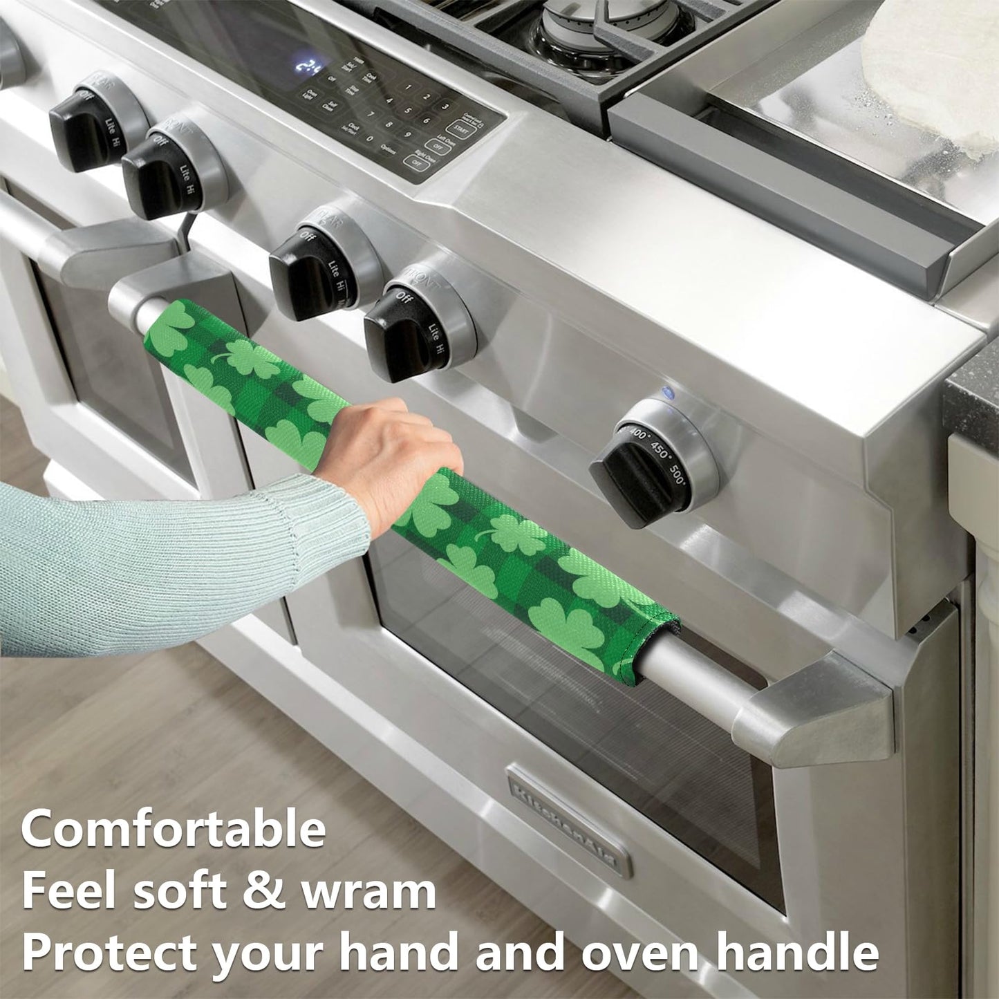 Eionryn St Patricks Day Clovers Refrigerator Door Handle Covers Green Shamrock Buffalo Plaid Kitchen Appliances Gloves for Microwave Dishwasher Fridge Door Cloth Protector 2pcs