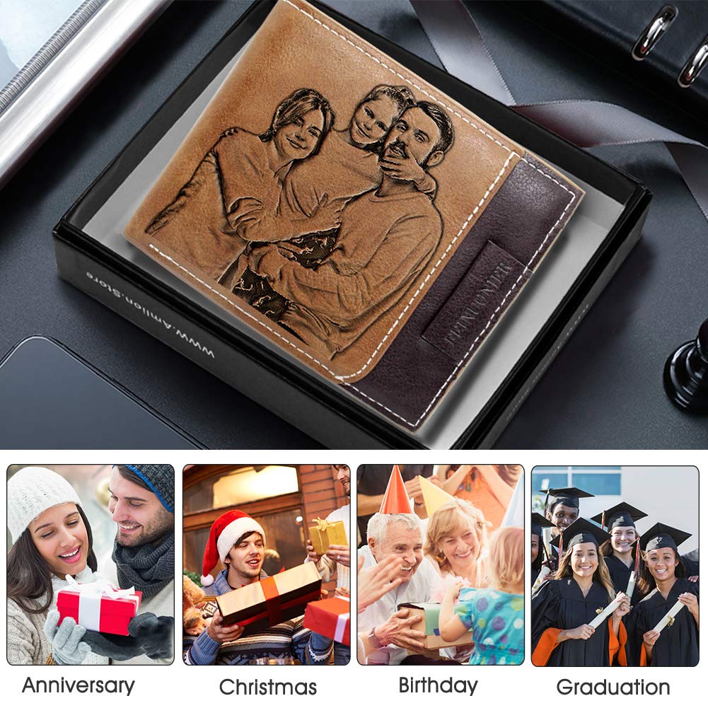 Amlion Personalized Custom Wallets, Engraved Leather Photo Wallet for Men Dad Husband Brown