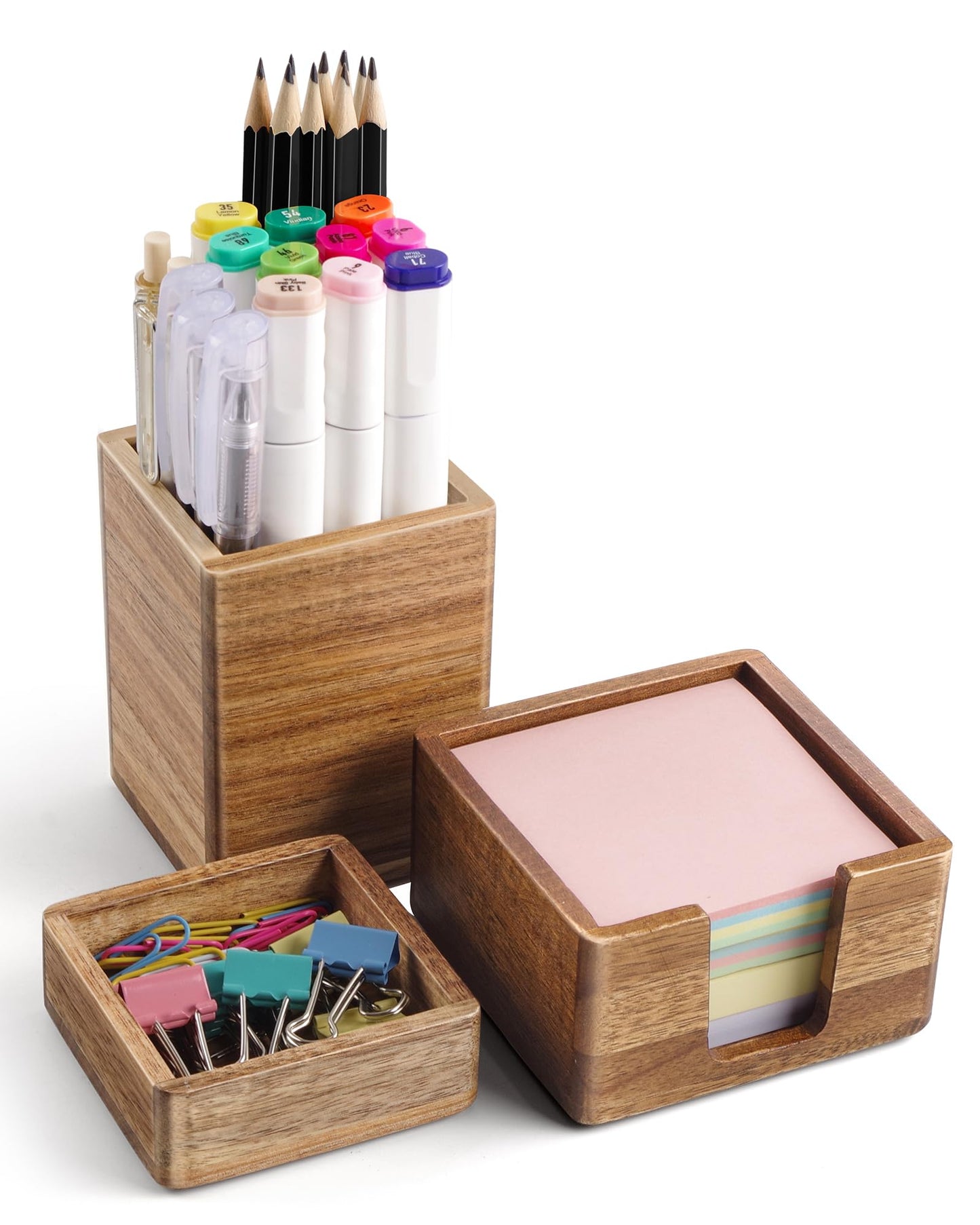 SWKHDKX Acacia Wood Desk Organizer Set with Sticky Note Holder, Pencil Pen Cup & Paper Clip Storage, Office Desk Accessories for Marker Craft (Set of 3)